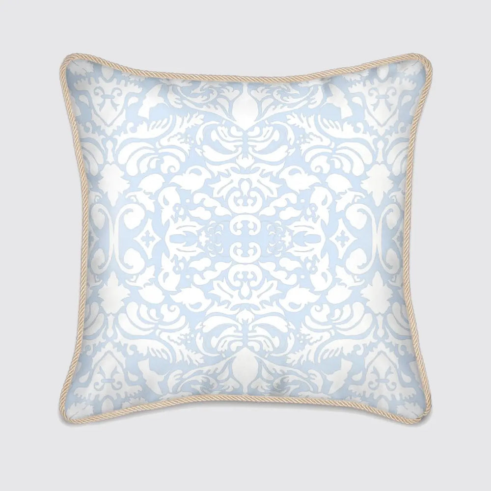 Silk Cushion - White Hummingbird Damask on Pale Blue Long Studio Design
