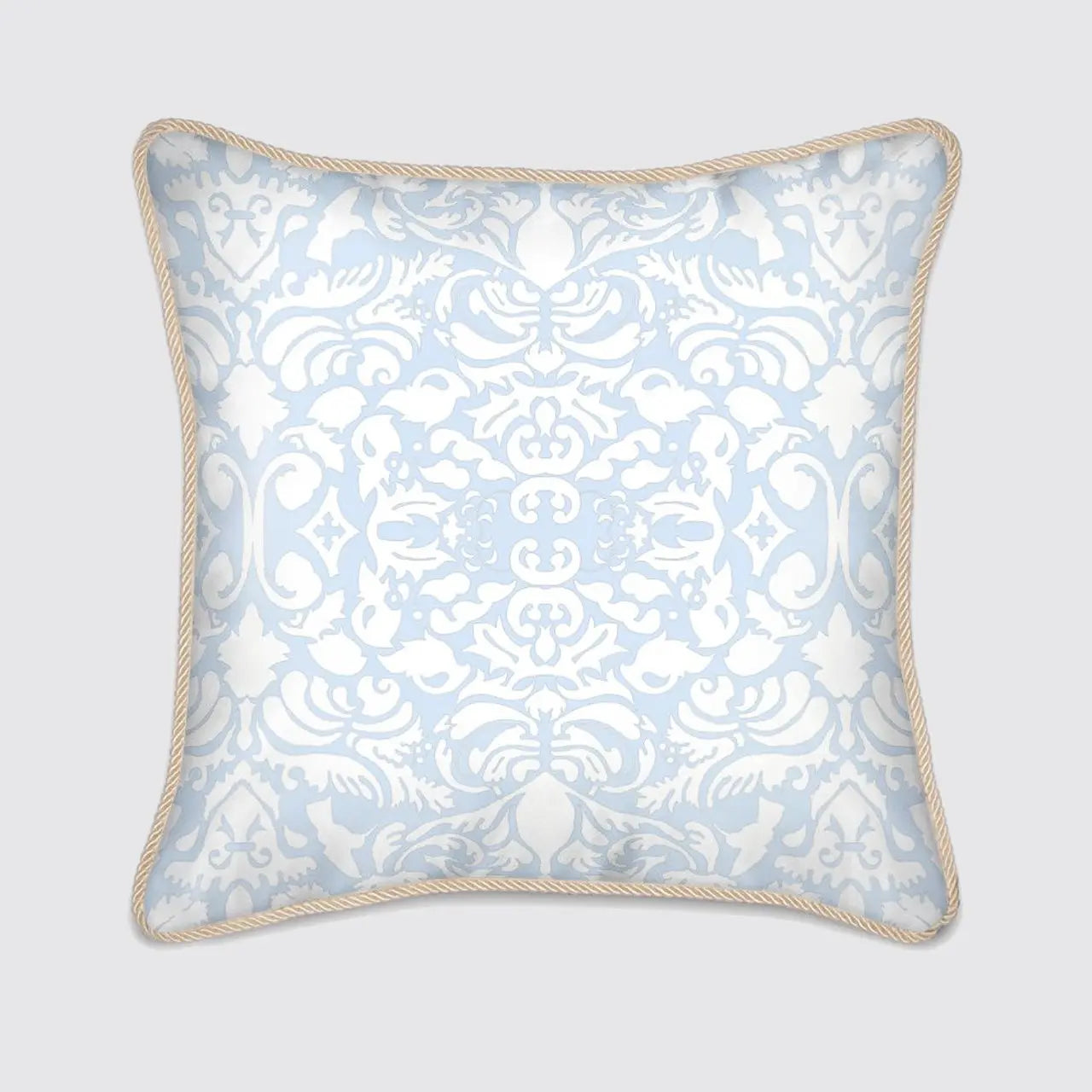 Silk Cushion - White Hummingbird Damask on Pale Blue Long Studio Design