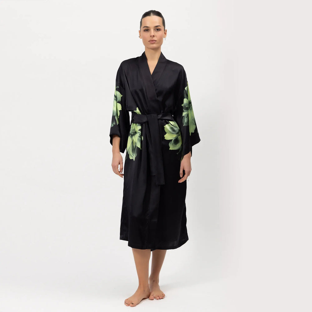 Silk Dreamscape Long Kimono Robe Black Flower NOKAYA