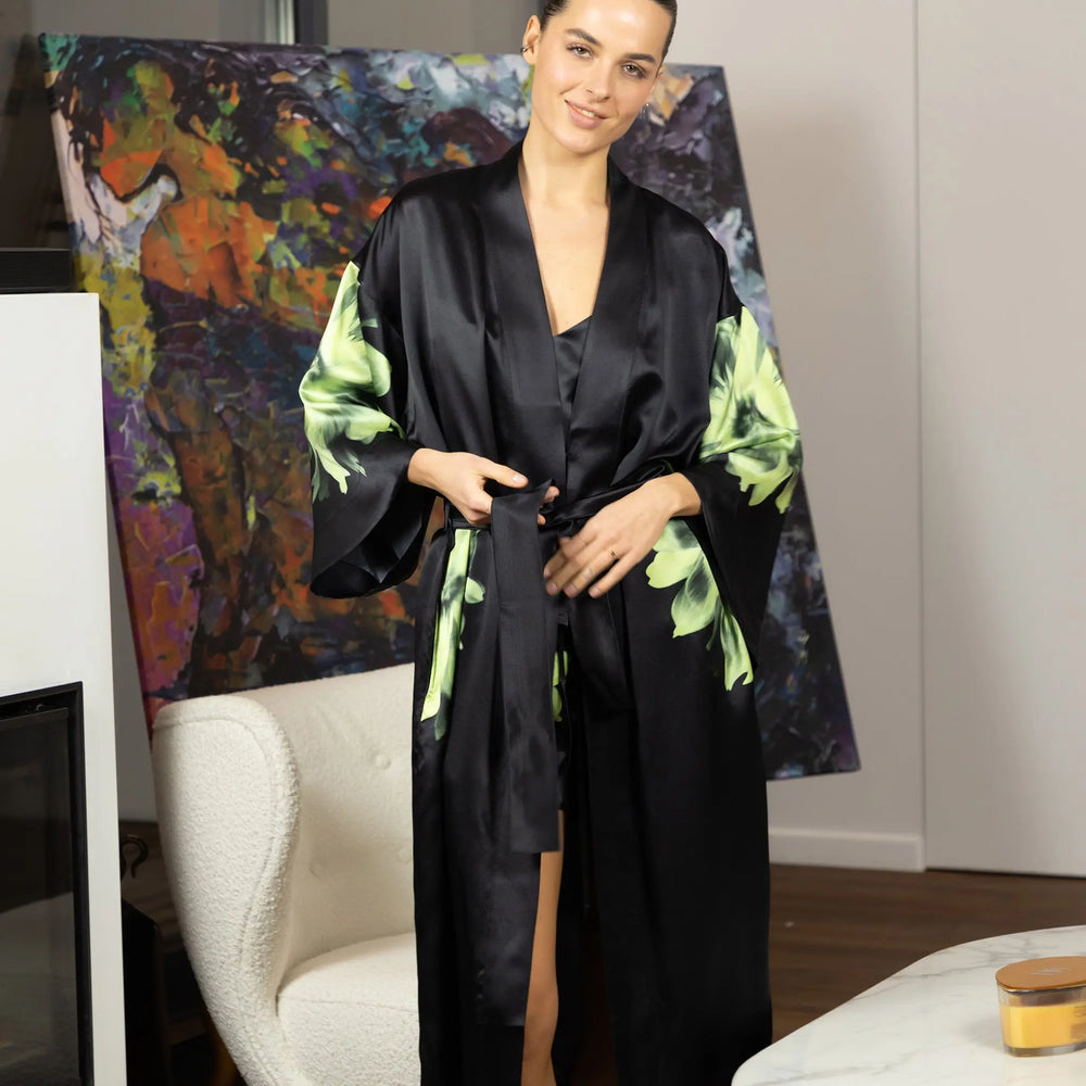 Silk Dreamscape Long Kimono Robe Black Flower NOKAYA