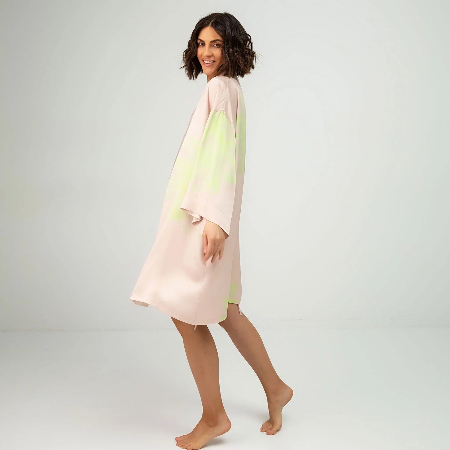 Silk Dreamscape Short Kimono Robe Pink Flower NOKAYA