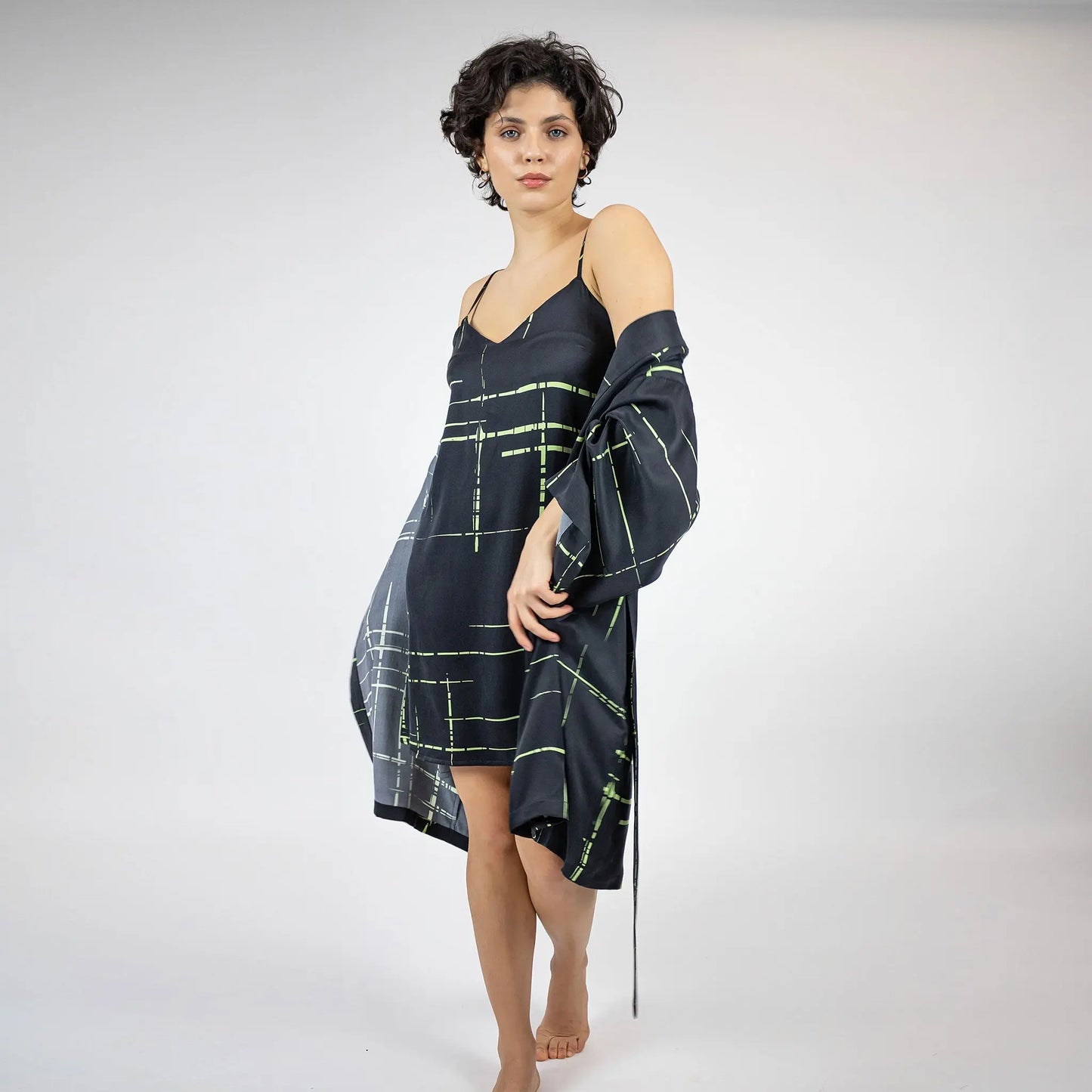 Silk Dreamscape Slip Dress Black Check NOKAYA
