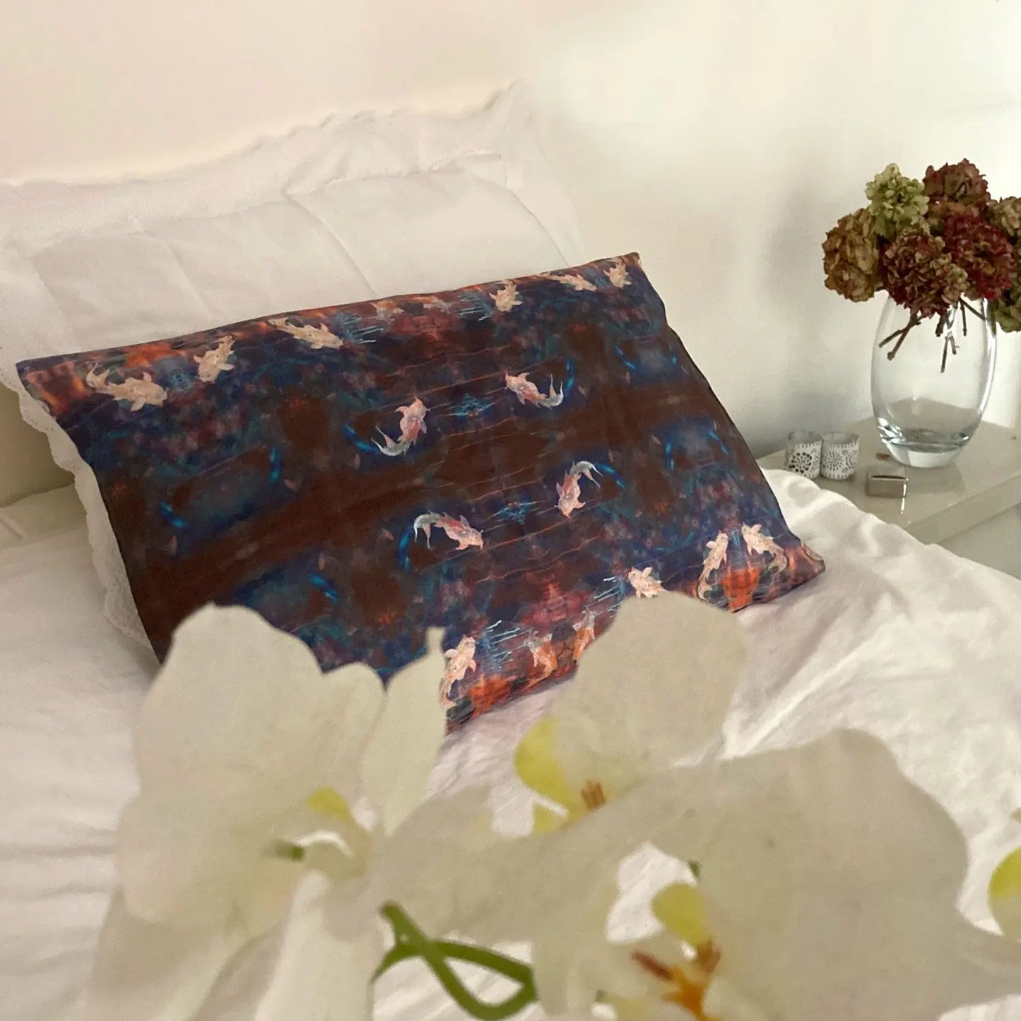 Silk Pillowcase - Blue Orange With Koi Fish Design Long Studio Design