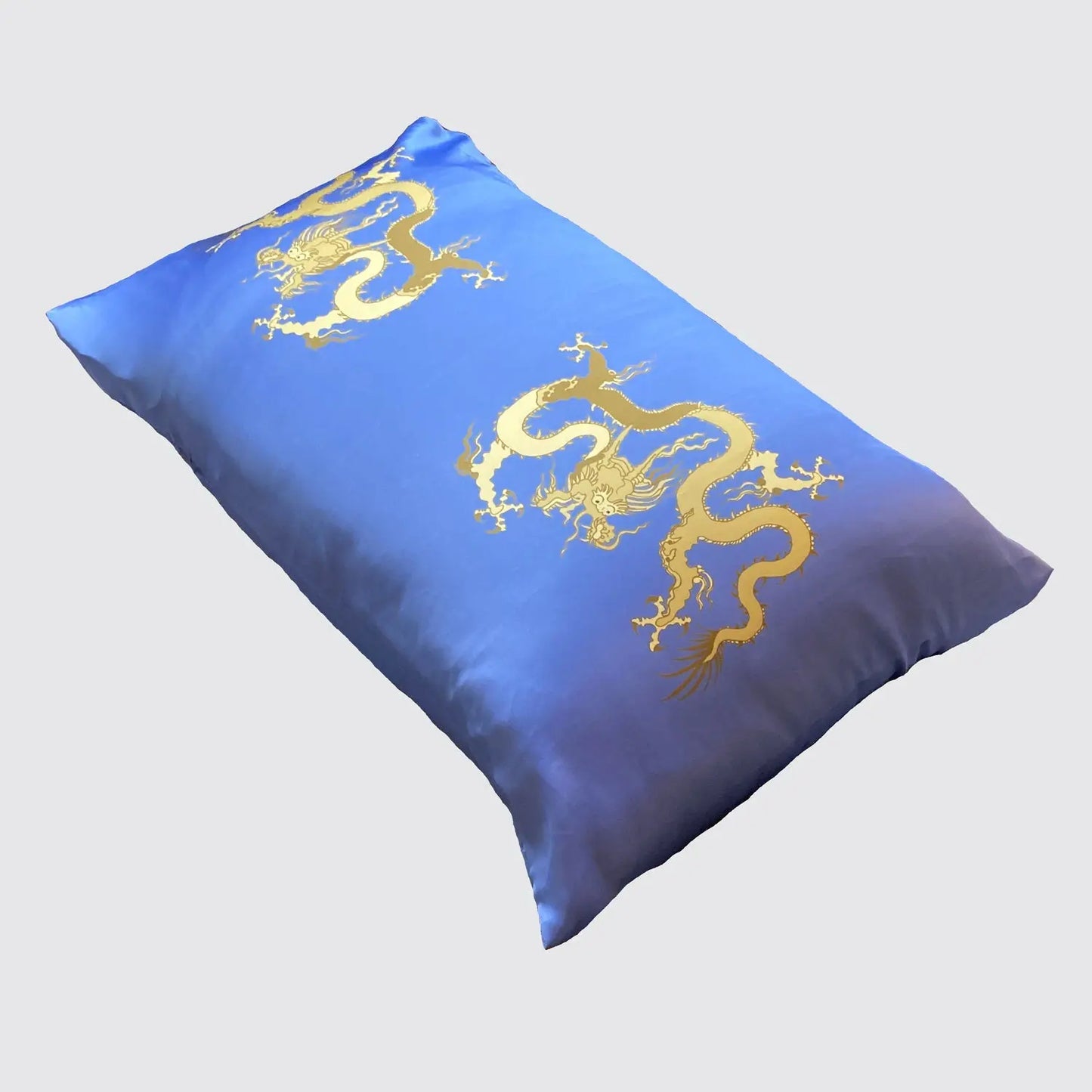 Silk Pillowcase - Blue With Golden Dragon Design Long Studio Design