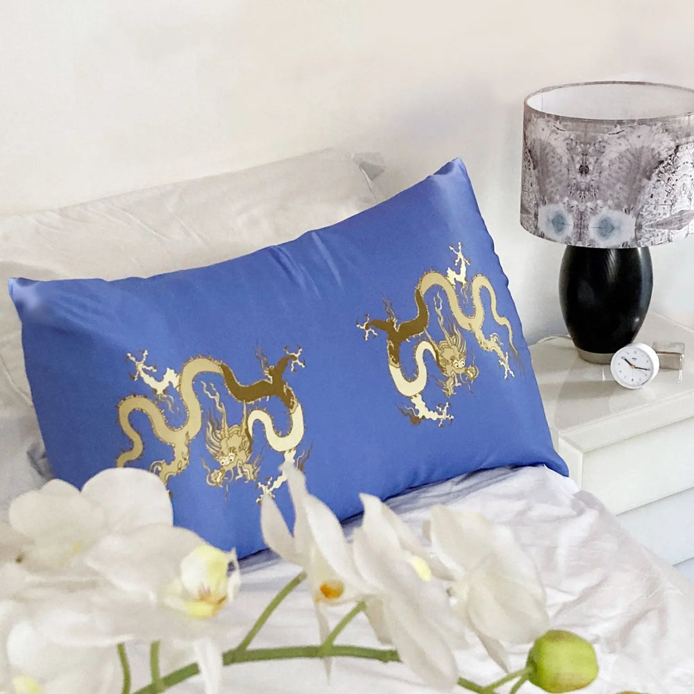 Silk Pillowcase - Blue With Golden Dragon Design Long Studio Design