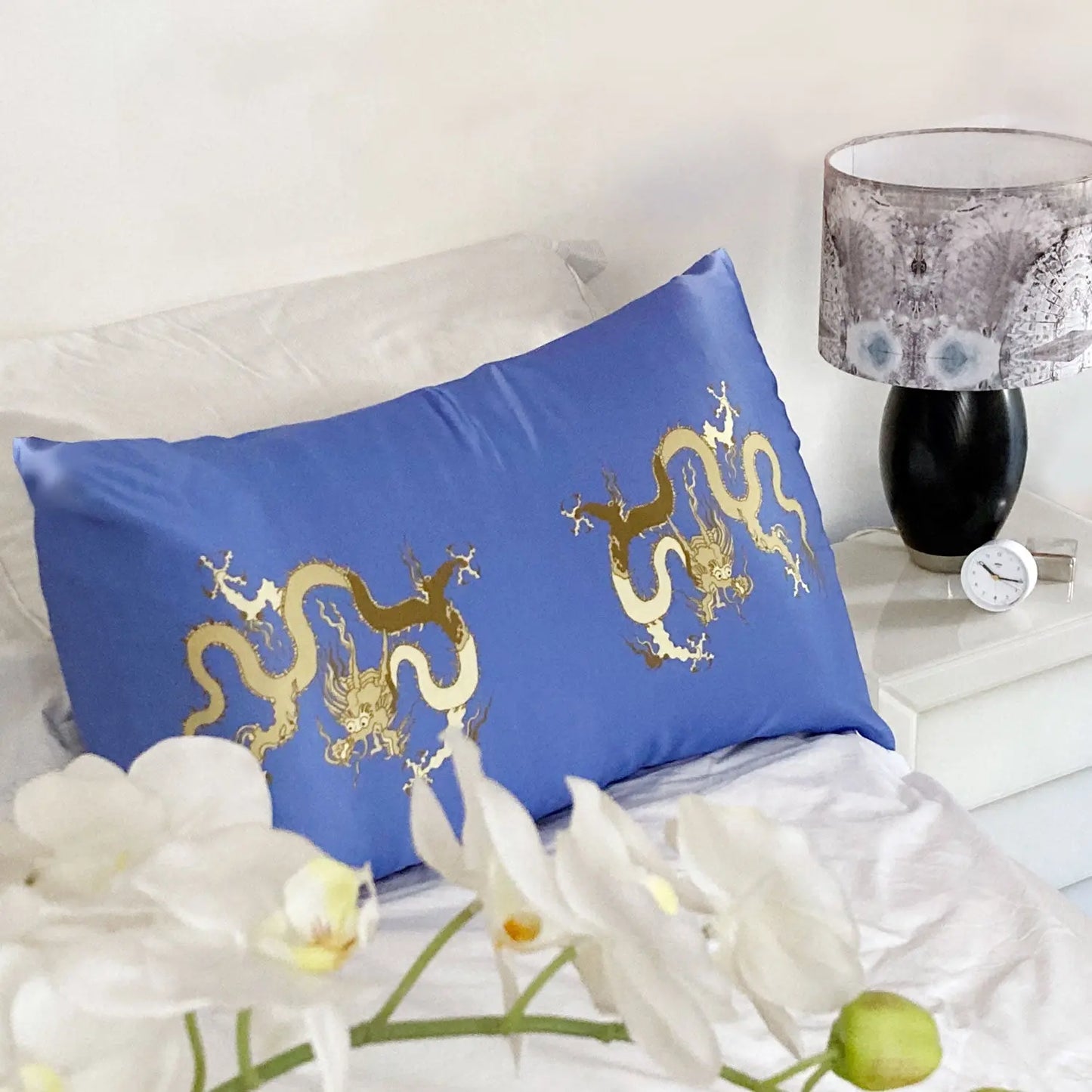 Silk Pillowcase - Blue With Golden Dragon Design Long Studio Design