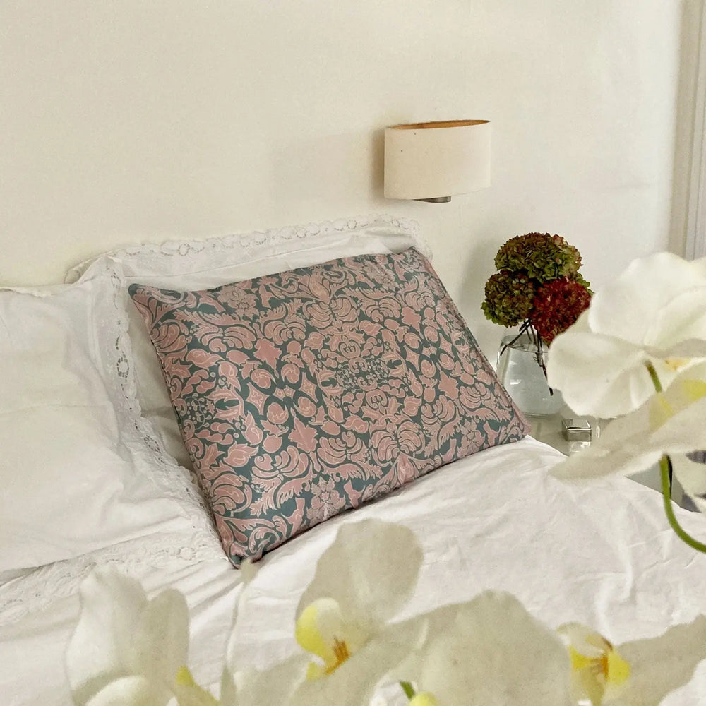 Silk Pillowcase - Hummingbird Damask In Pink And Sage Green Long Studio Design