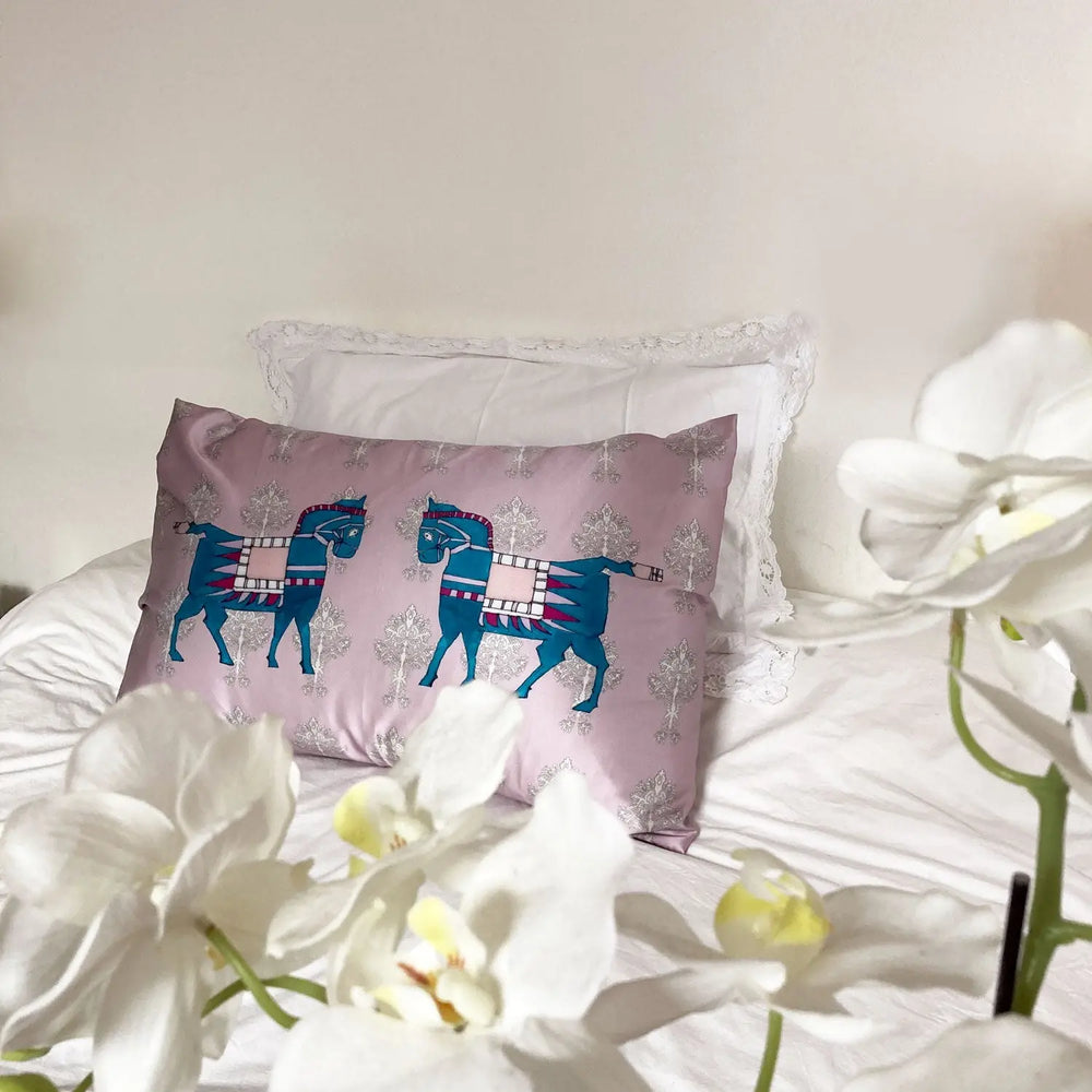 Silk Pillowcase - Pink With Horse Design Long Studio Design