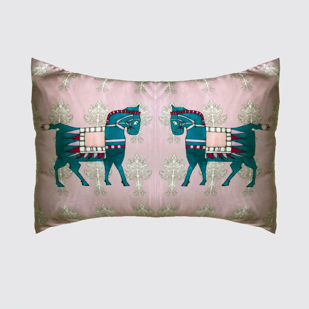 Silk Pillowcase - Pink With Horse Design Long Studio Design