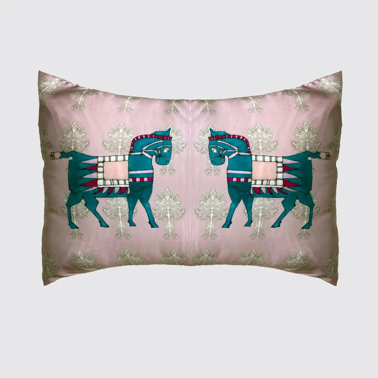 Silk Pillowcase - Pink With Horse Design Long Studio Design