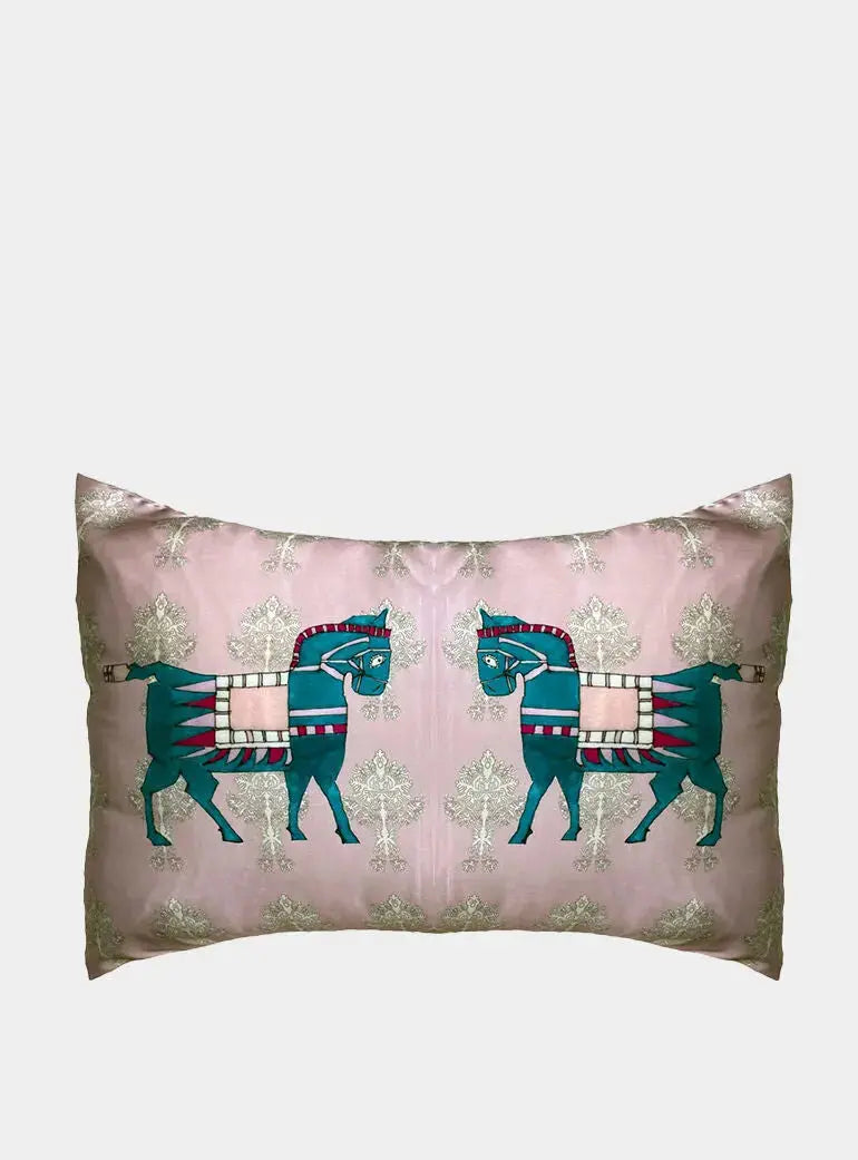 Silk Pillowcase - Pink With Horse Design Long Studio Design