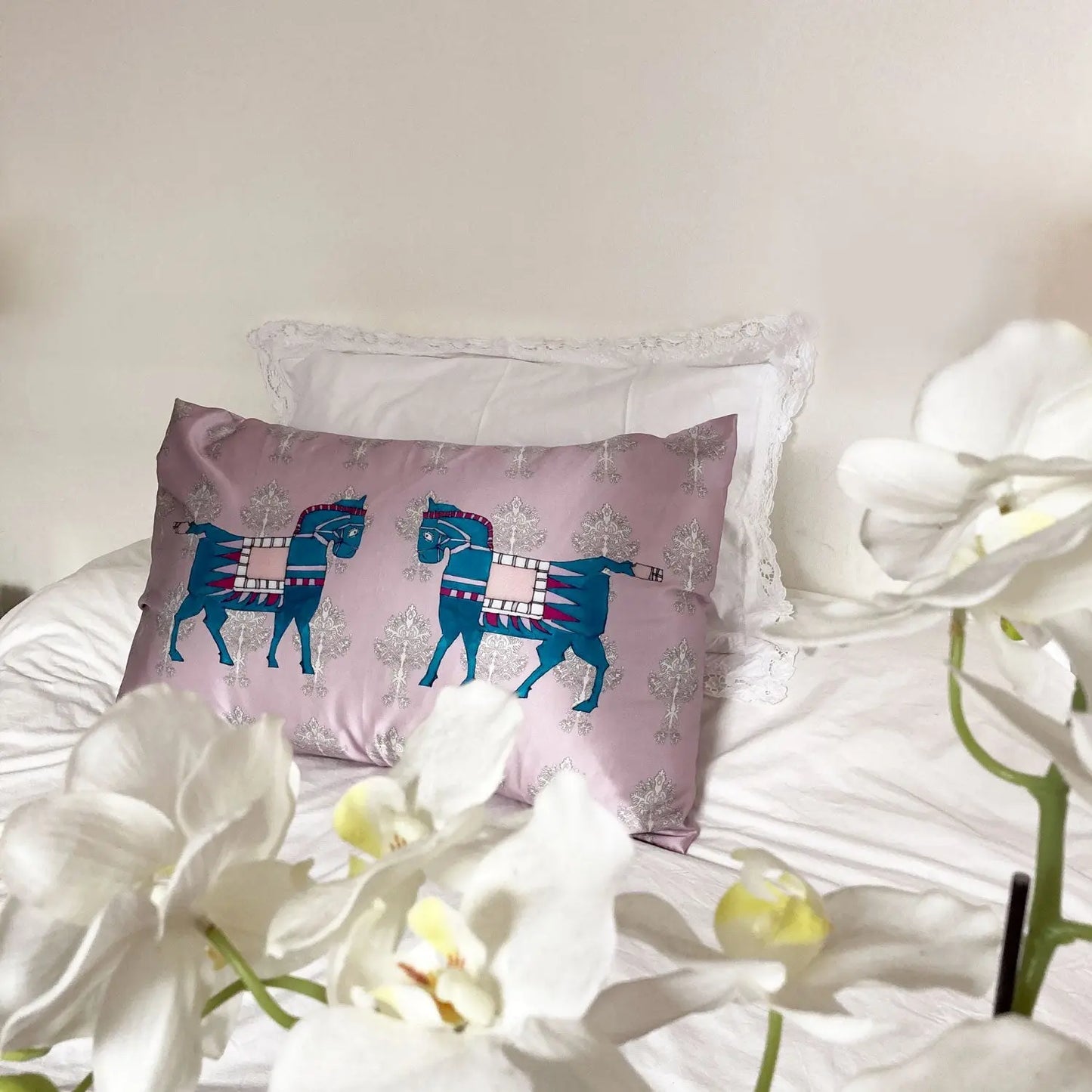 Silk Pillowcase - Pink With Horse Design Long Studio Design