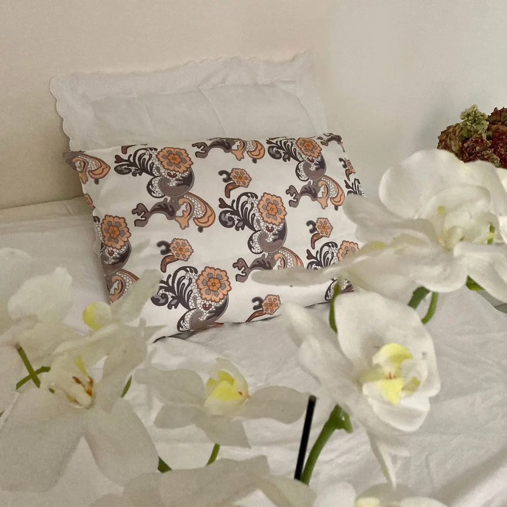 Silk Pillowcase With Orange And Tan Flower Lace Pattern Long Studio Design
