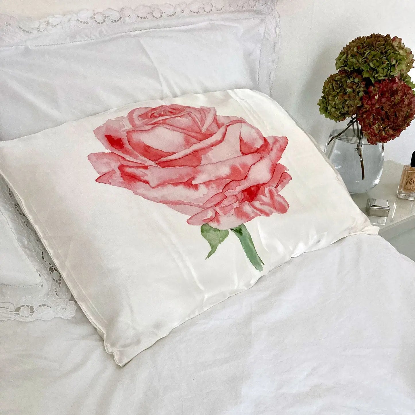 Silk Pillowcase With Red Watercolour Rose Long Studio Design