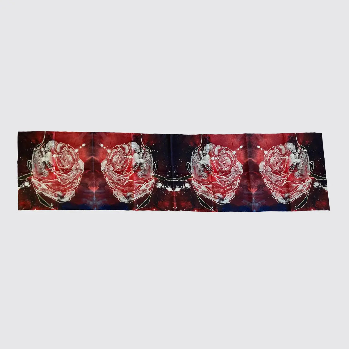 Silk Scarf - Red With Line Roses - Hand-Rolled Hems Long Studio Design