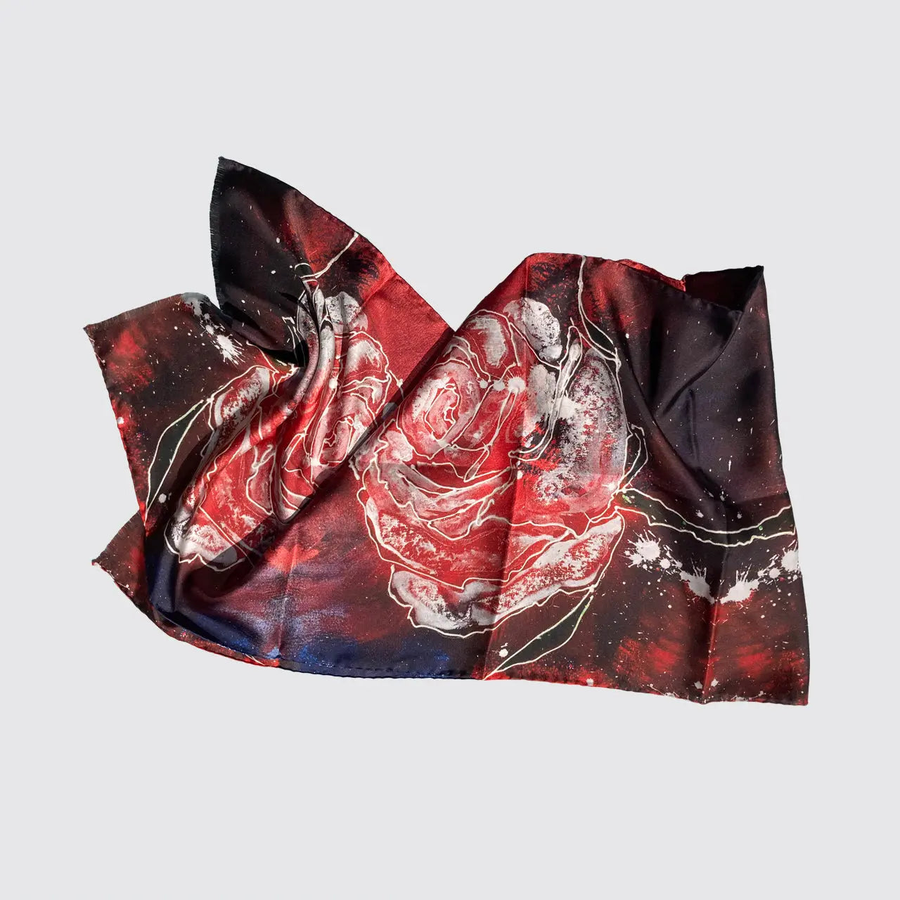 Silk Scarf - Red With Line Roses - Hand-Rolled Hems Long Studio Design