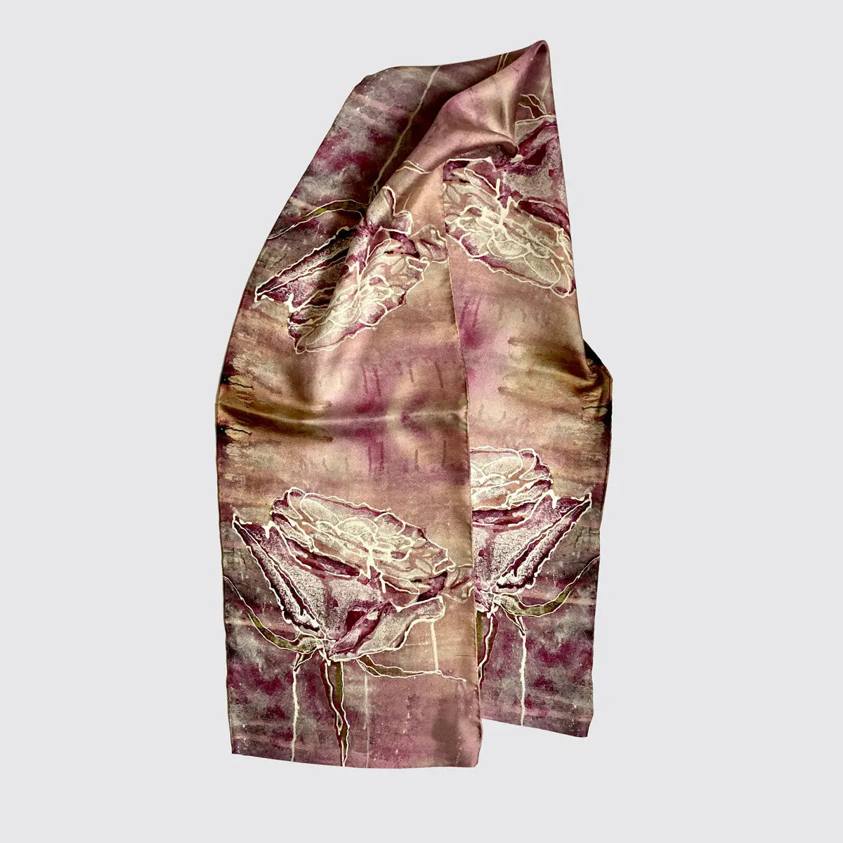 Silk Scarf - Violet Pink With Roses - Handrolled Edges Long Studio Design