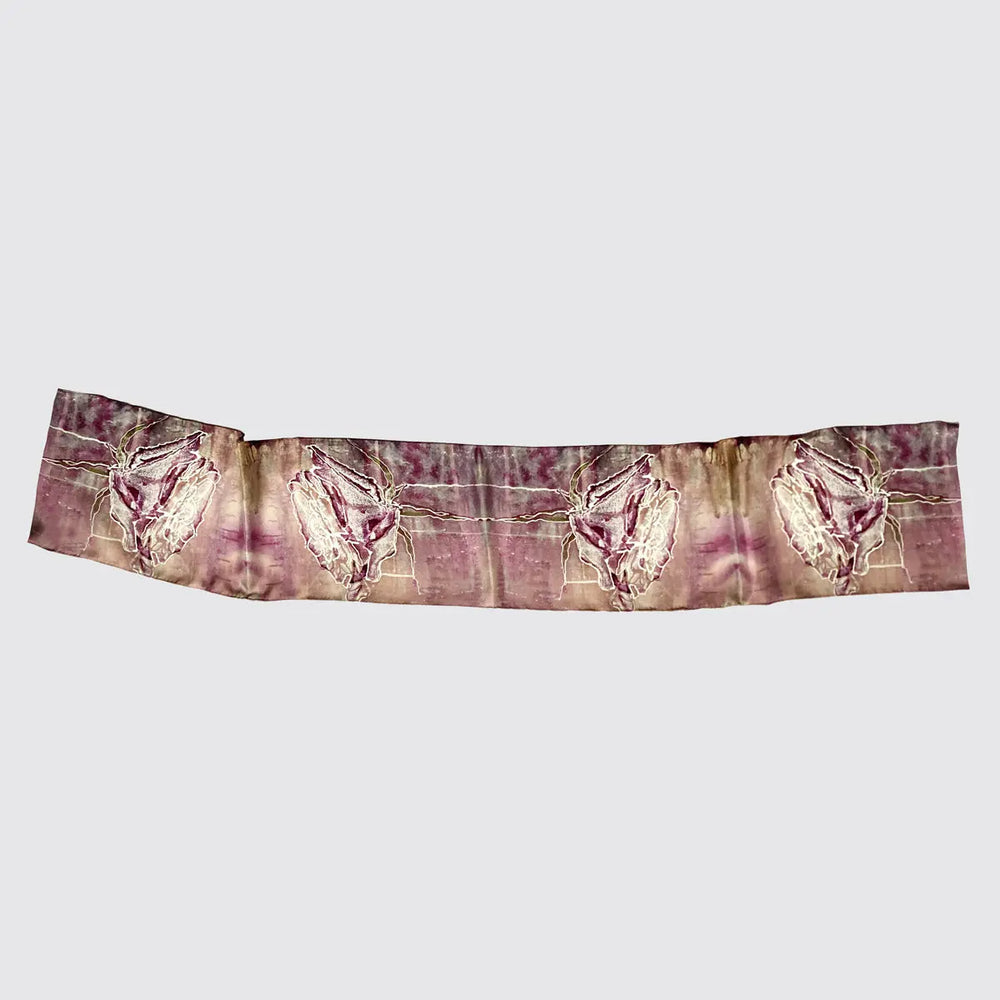 Silk Scarf - Violet Pink With Roses - Handrolled Edges Long Studio Design