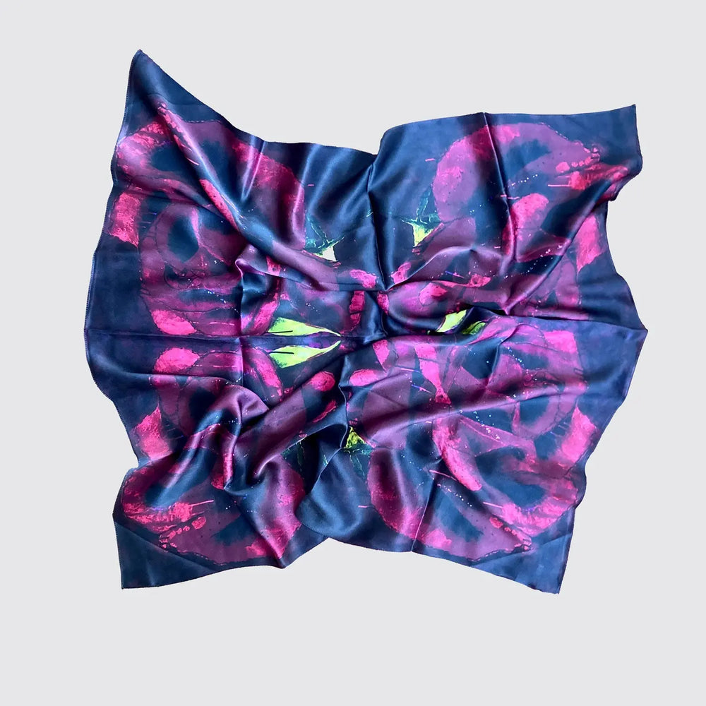 Silk Scarf With Red Roses - Hand Rolled Long Studio Design