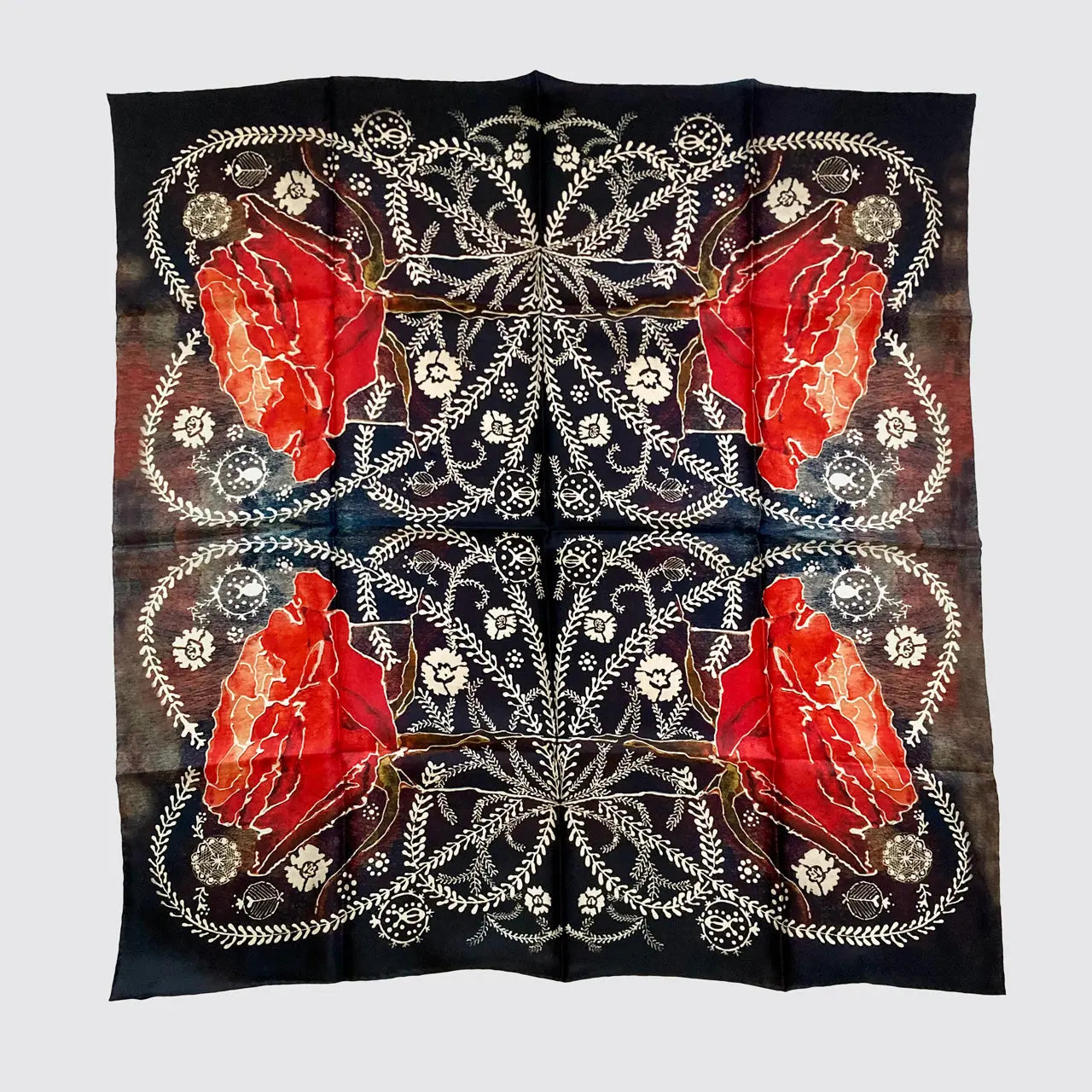 Silk Scarf With Roses And Foliage - Hand-Rolled Hems Long Studio Design