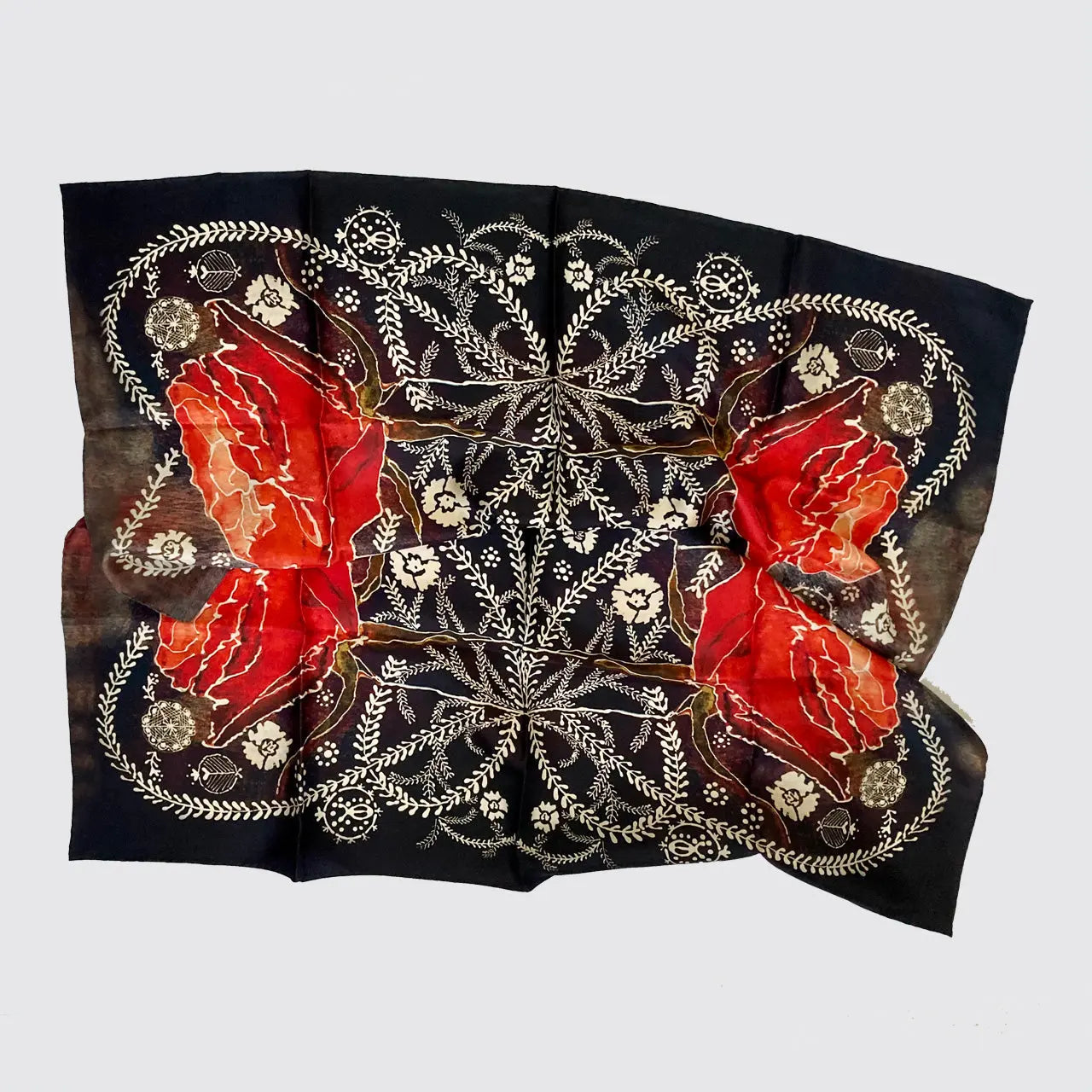 Silk Scarf With Roses And Foliage - Hand-Rolled Hems Long Studio Design