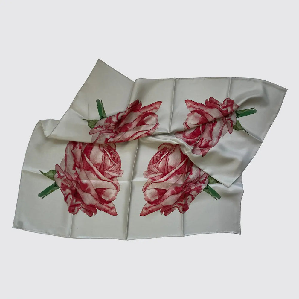 Silk Scarf With Watercolour Roses - Hand-Rolled Hems Long Studio Design