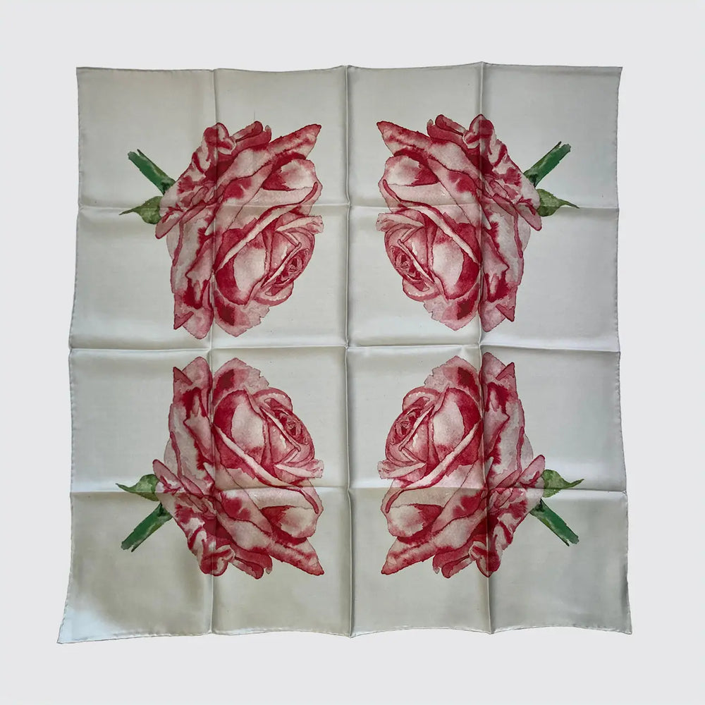 Silk Scarf With Watercolour Roses - Hand-Rolled Hems Long Studio Design
