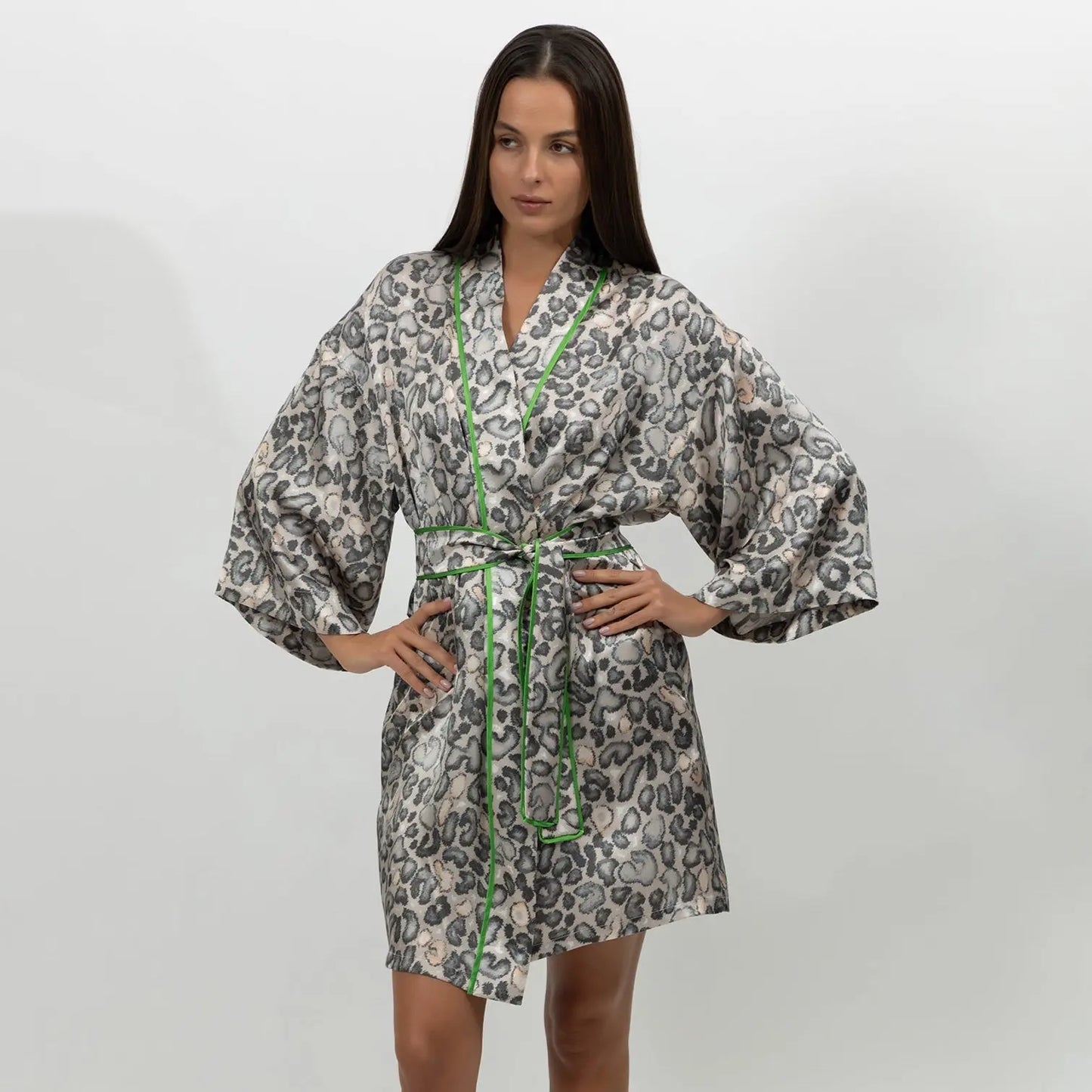 Silk Short Kimono Robe Animal Print NOKAYA