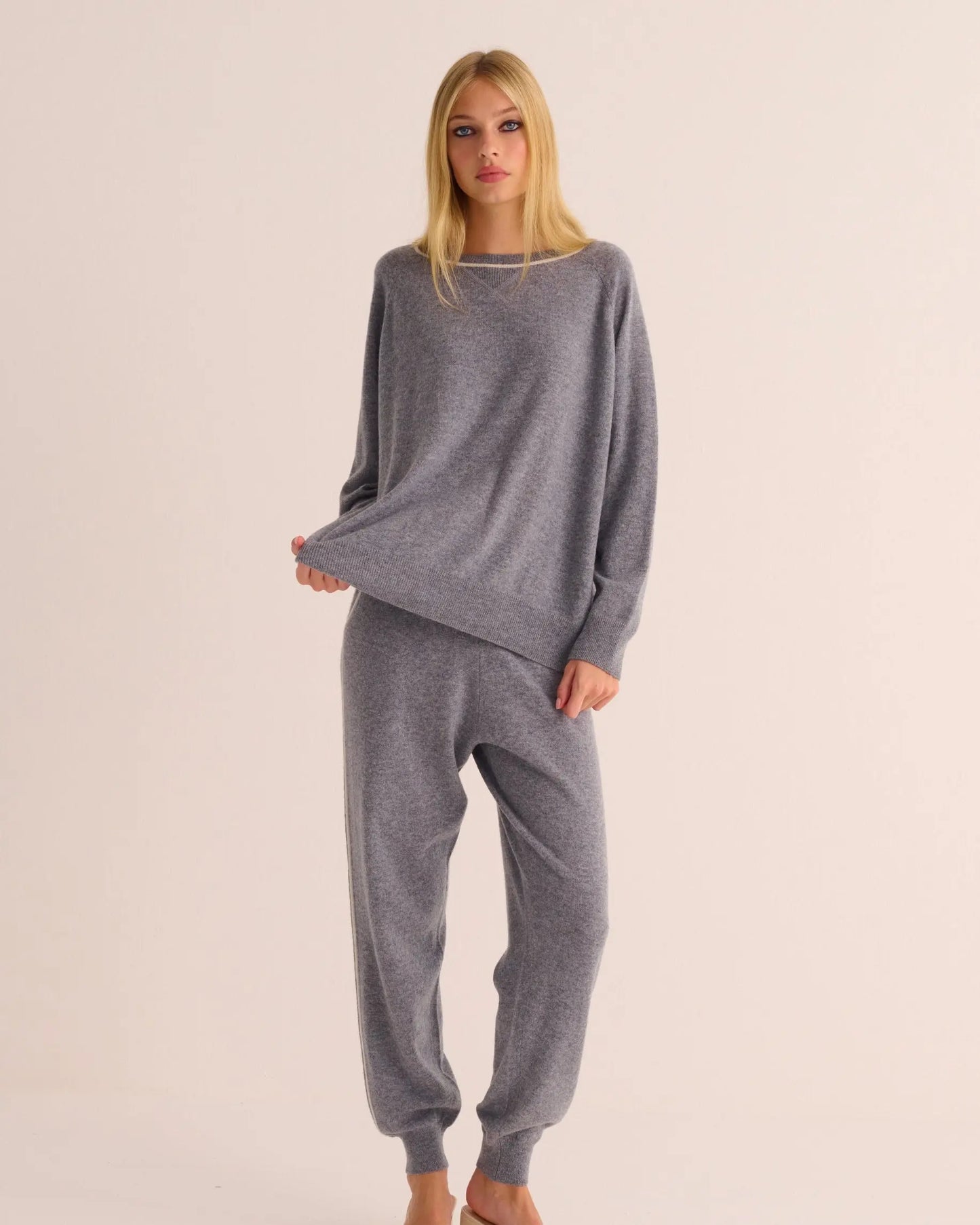 Silver Grey Cashmere Cuffed Ankle Joggers with Ivory Contrast MAMU Dream