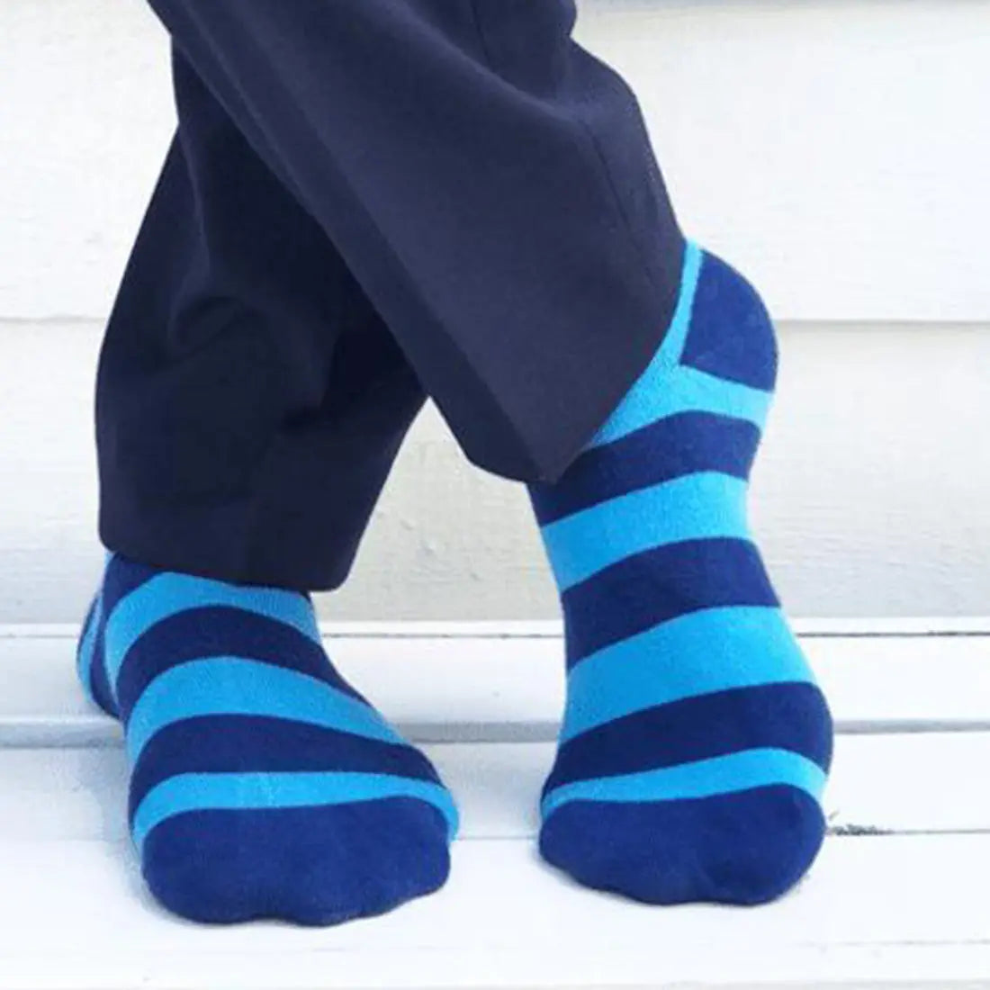 Sky Blue Striped Bamboo Socks (Comfort Cuff) Swole Panda