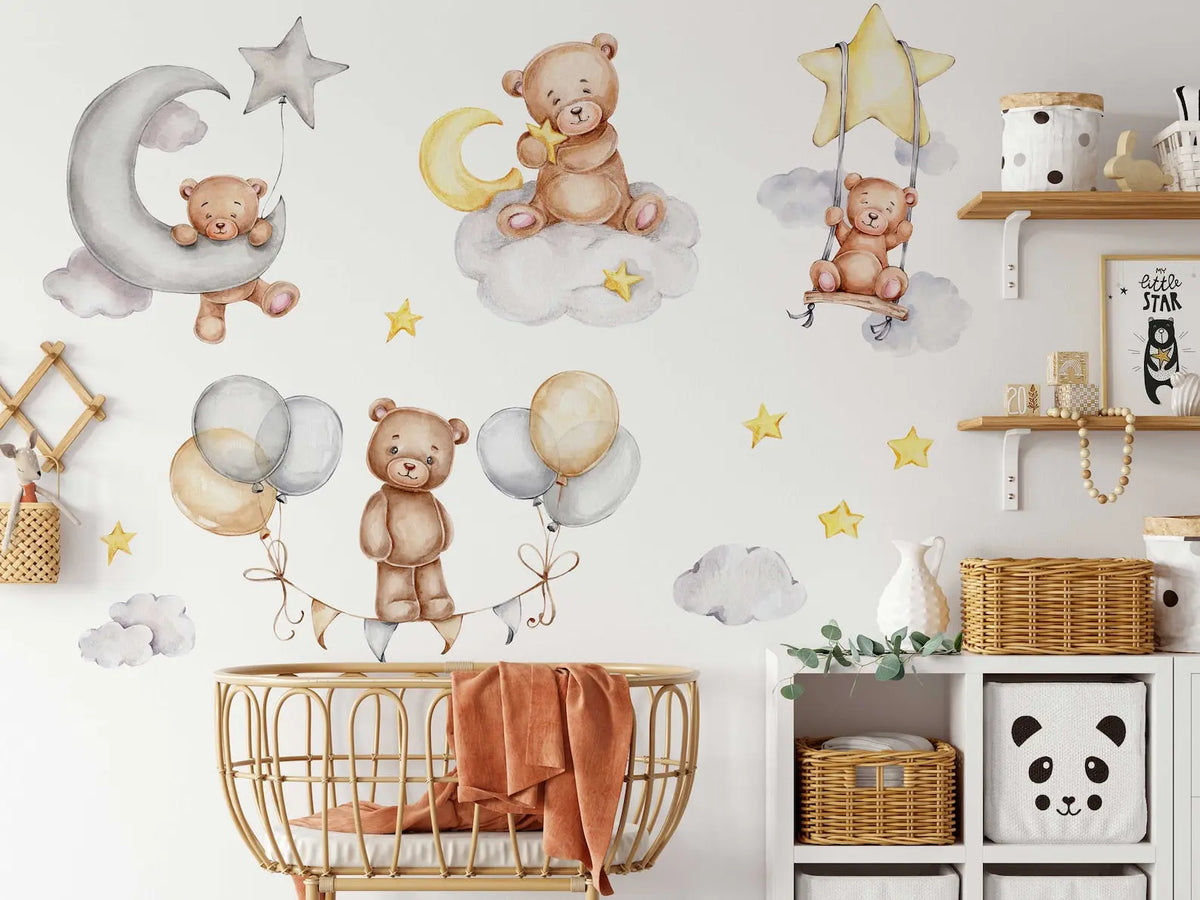 Sleeping Bears Wall Decal | Bears in the Air Nursery Wall Sticker | Clouds and Stars Wall Decor ClickWalls
