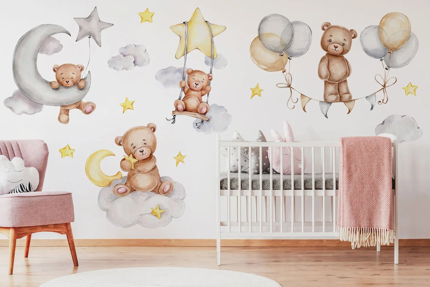 Sleeping Bears Wall Decal | Bears in the Air Nursery Wall Sticker | Clouds and Stars Wall Decor ClickWalls
