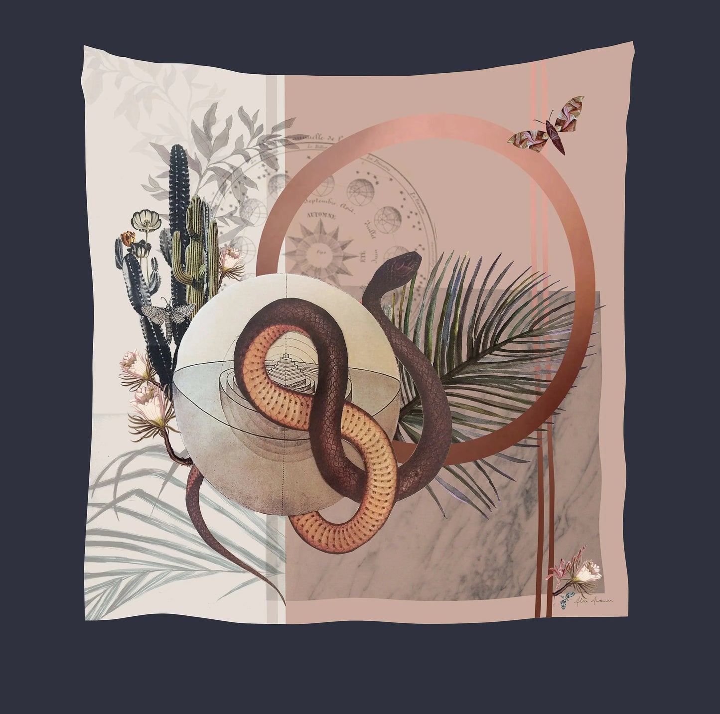 Snake Square Silk scarf 'Nevada' Silk is a Hand-painted in neutral tones with coiled serpent Alice Acreman Silks