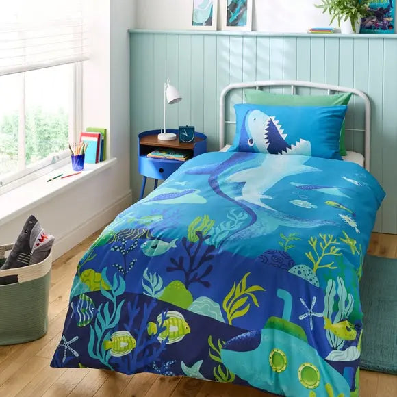 Snappy Shark Reversible Duvet Cover and Pillowcase Set Dunelm
