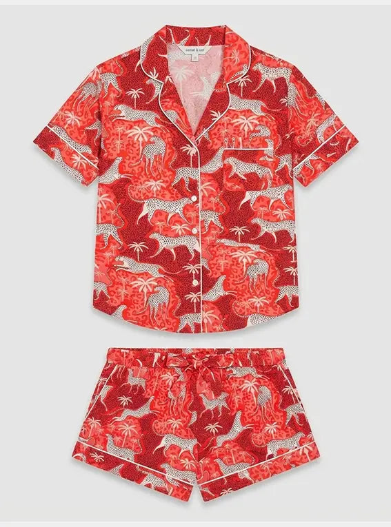 Snow Leopard on Red Women's Satin Pyjama Short Set Myza