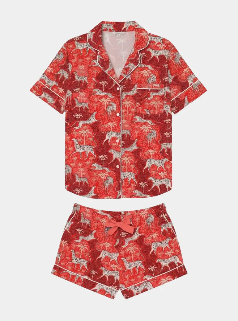 Snow Leopard on Red Women's Satin Pyjama Short Set Myza