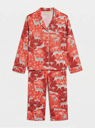 Snow Leopard on Red Women's Satin Pyjama Trouser Set Myza