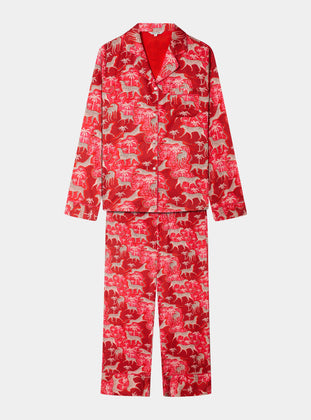 Snow Leopard on Red Women's Satin Pyjama Trouser Set Myza