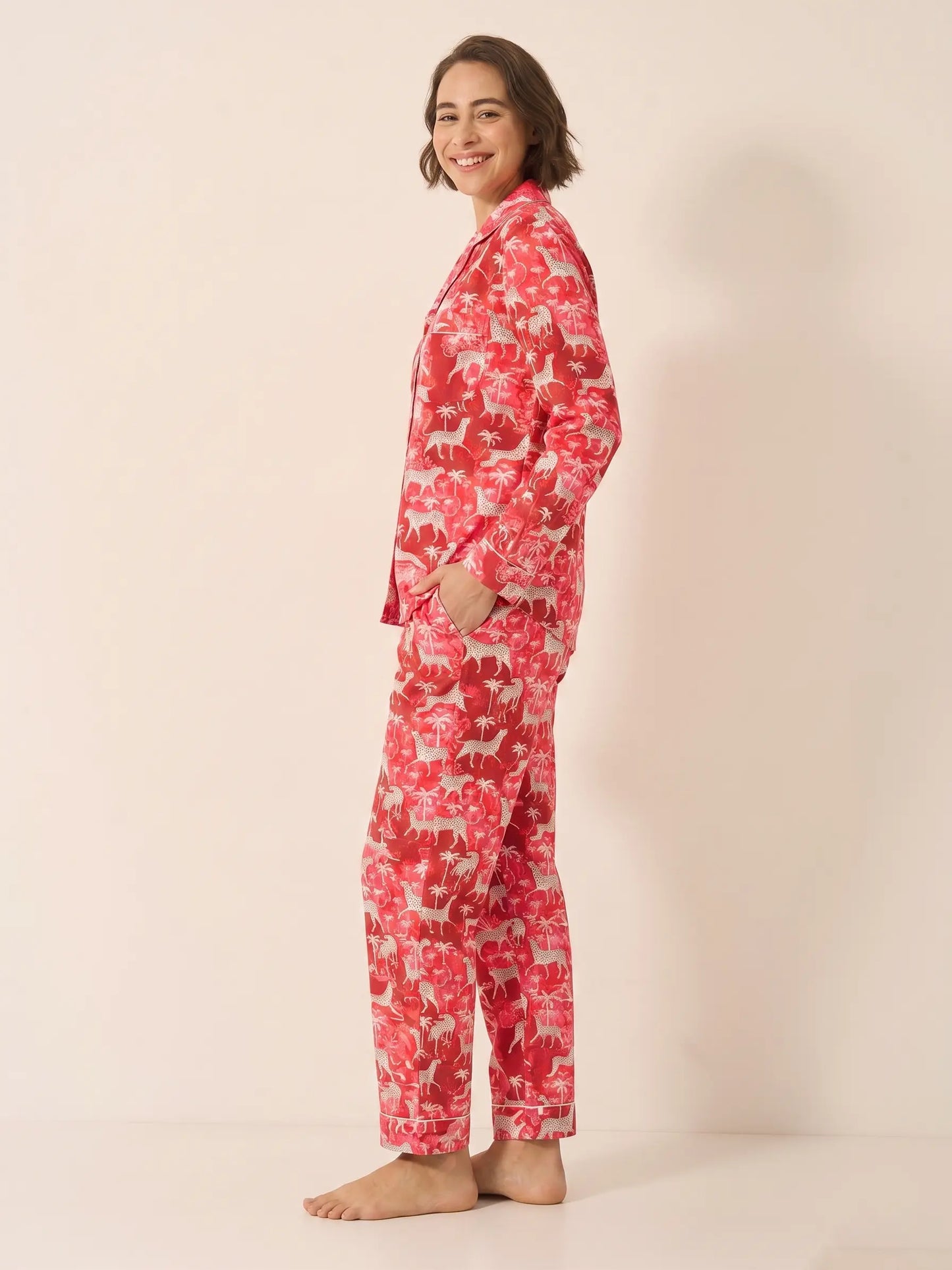 Snow Leopard on Red Women's Satin Pyjama Trouser Set Myza