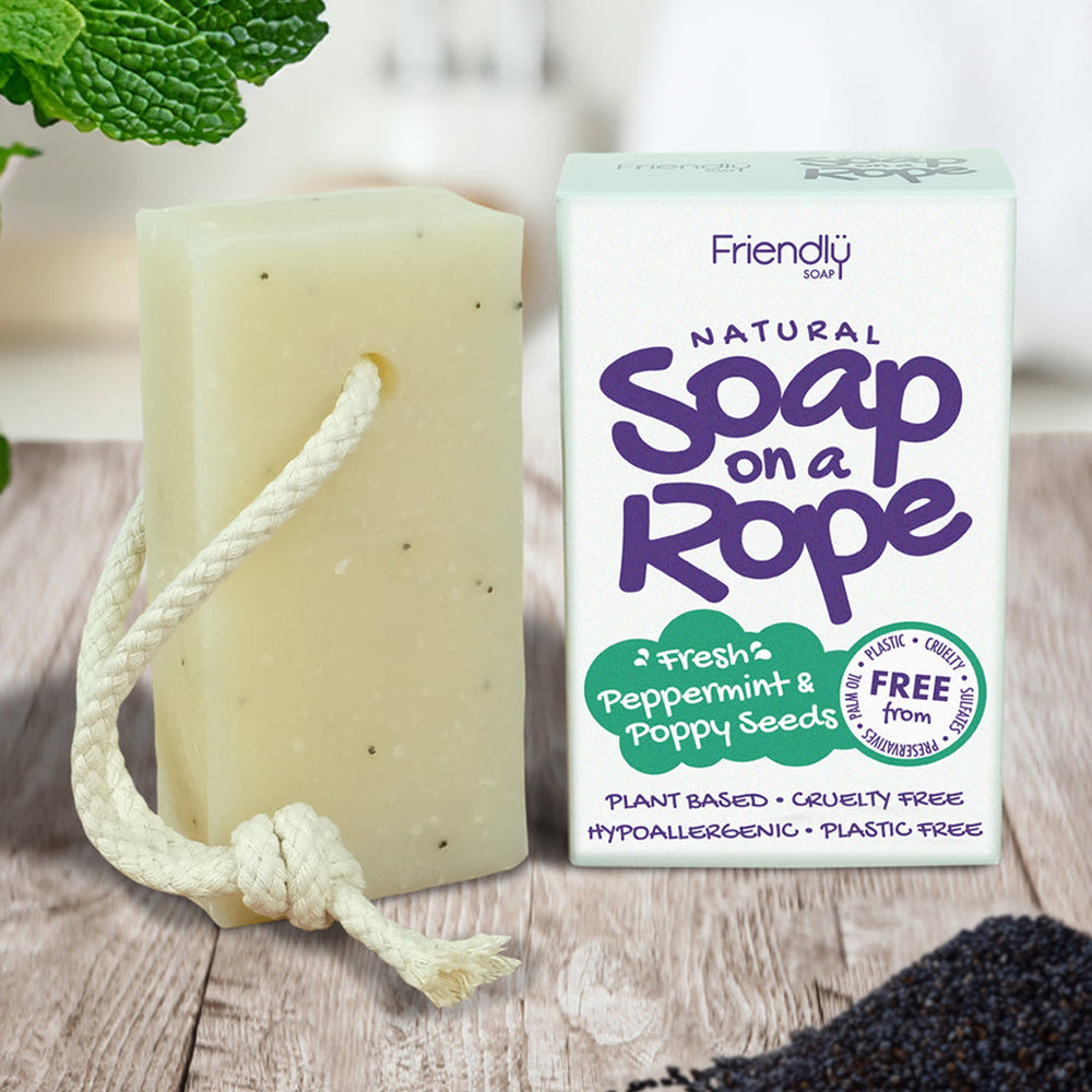Natural Soap On A Rope - 'Fresh' Peppermint & Poppyseeds 125g Friendly Soap