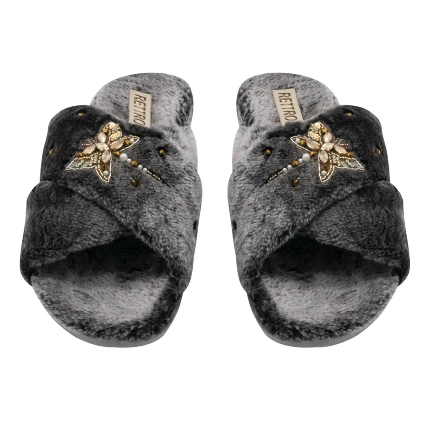 Sofia Charcoal Luxury Plush Diamanté Embellished Handmade Slipper Rettrose