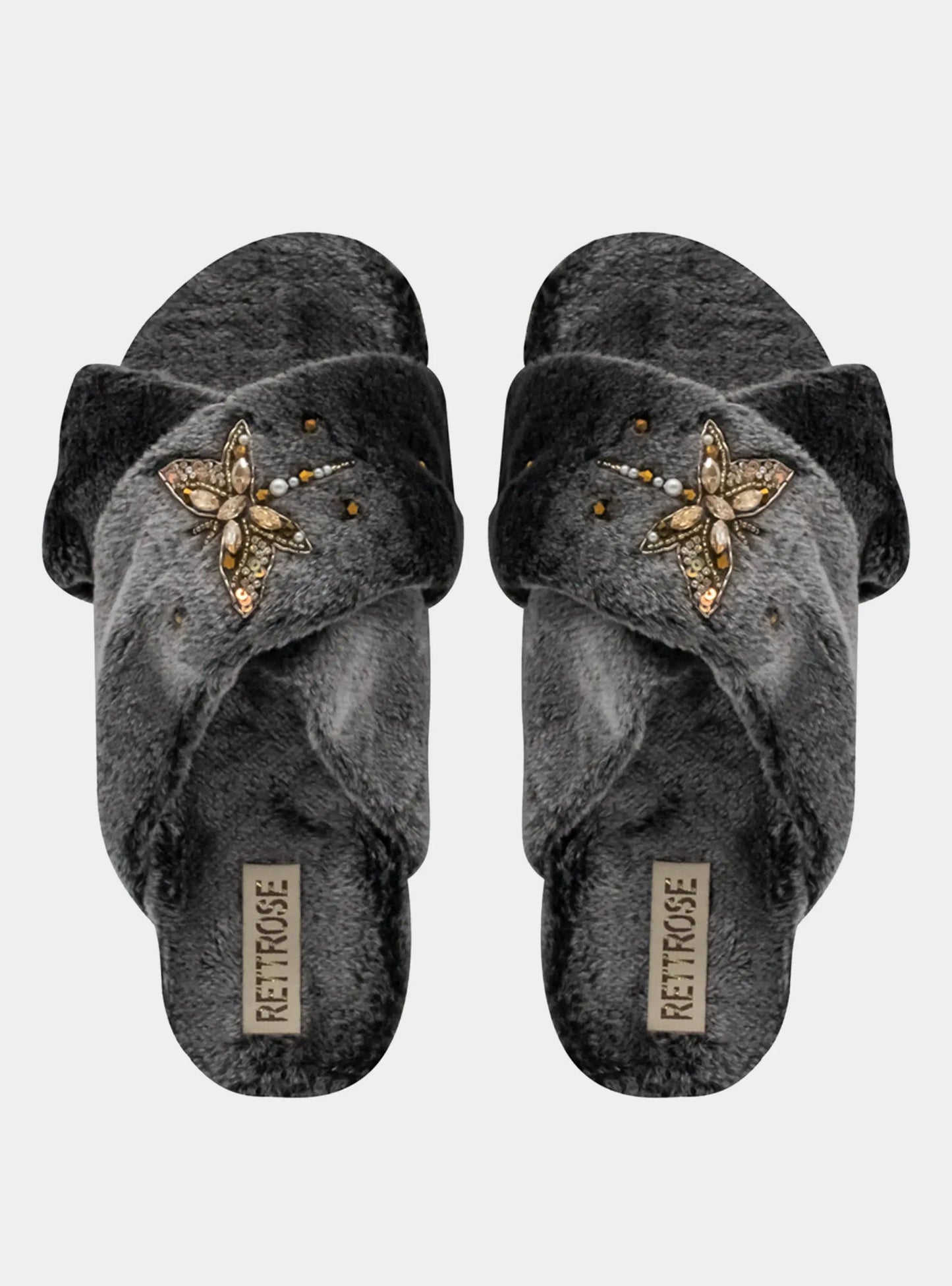 Sofia Charcoal Luxury Plush Diamanté Embellished Handmade Slipper Rettrose