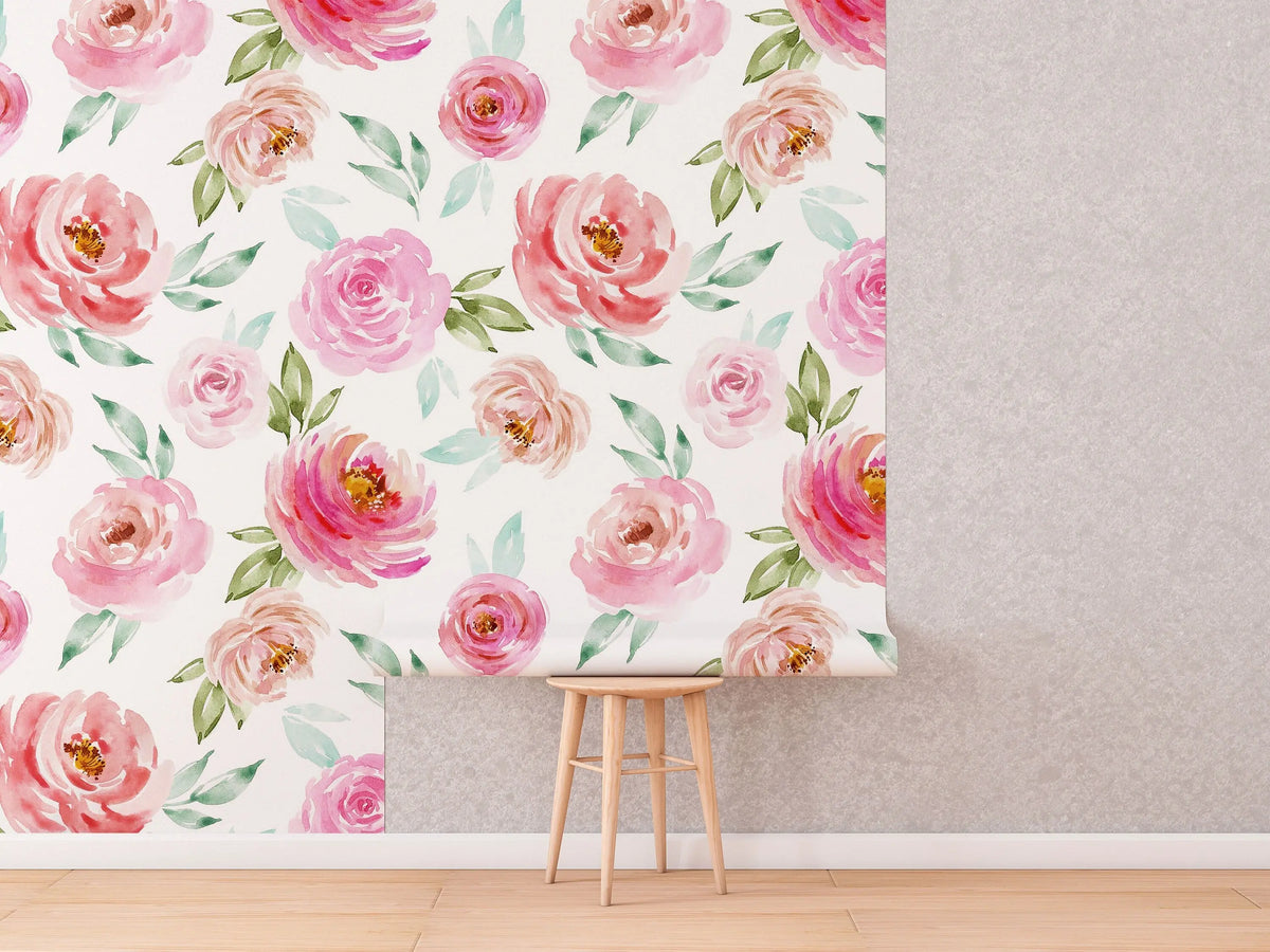 Soft Pink Roses Wallpaper | Floral Wallpaper Peel and Stick | Removable Wallpaper | Watercolor Wallpaper | Flower Wallpaper Mural ClickWalls