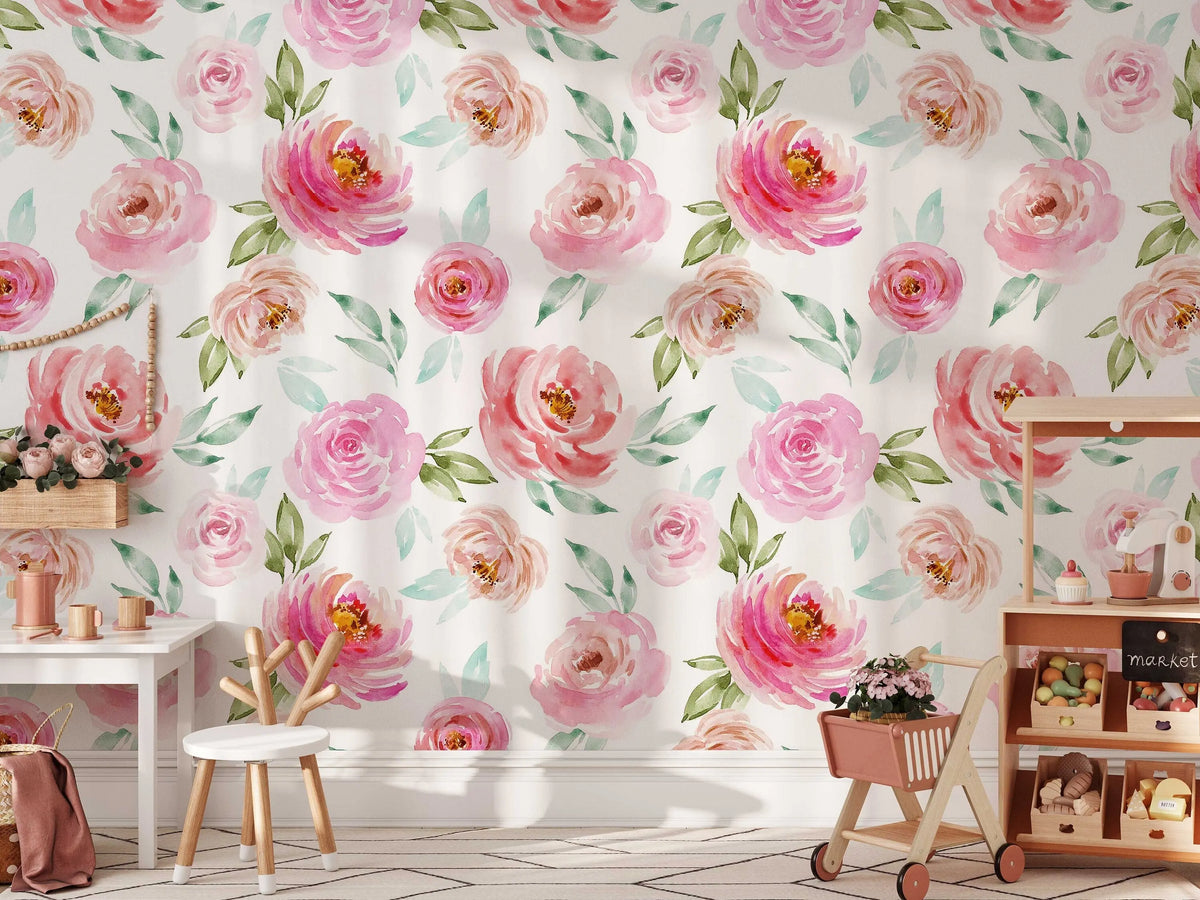 Soft Pink Roses Wallpaper | Floral Wallpaper Peel and Stick | Removable Wallpaper | Watercolor Wallpaper | Flower Wallpaper Mural ClickWalls