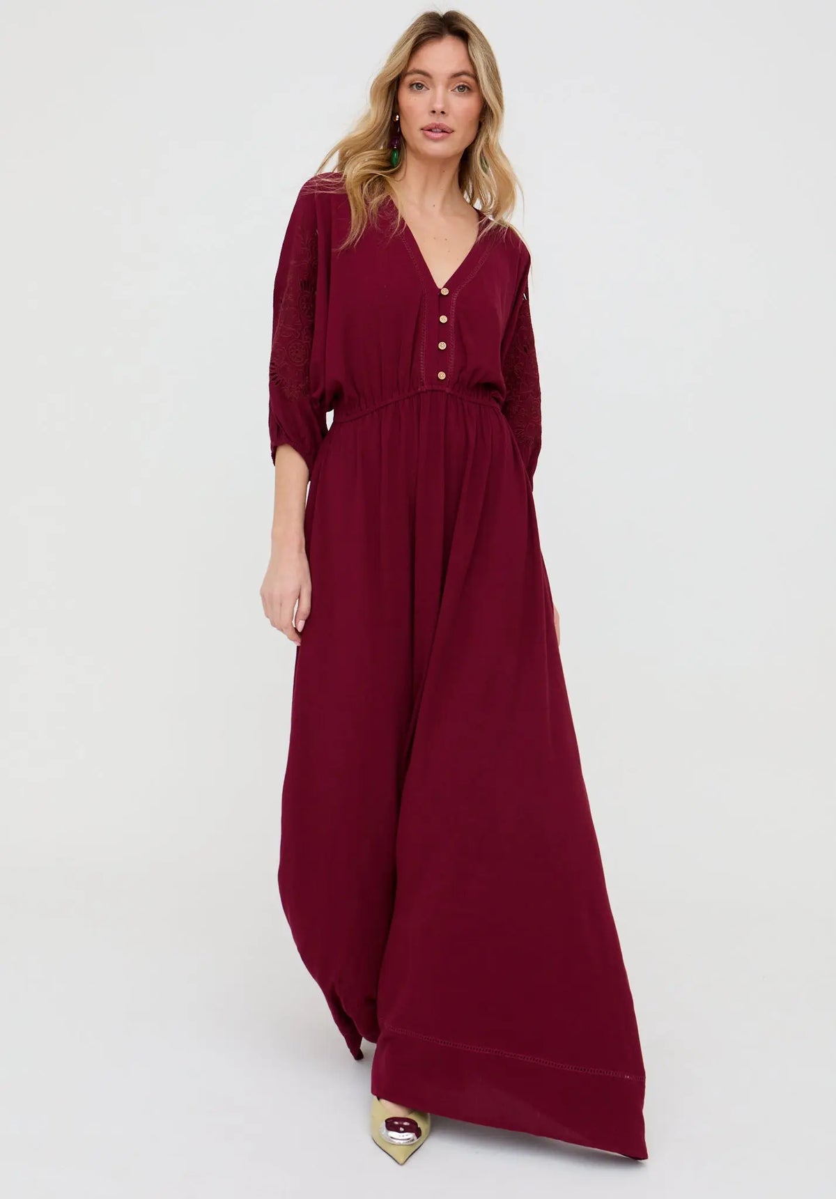 Somerton Kaftan Style Embroidered Maxi Dress In Burgundy Raffya