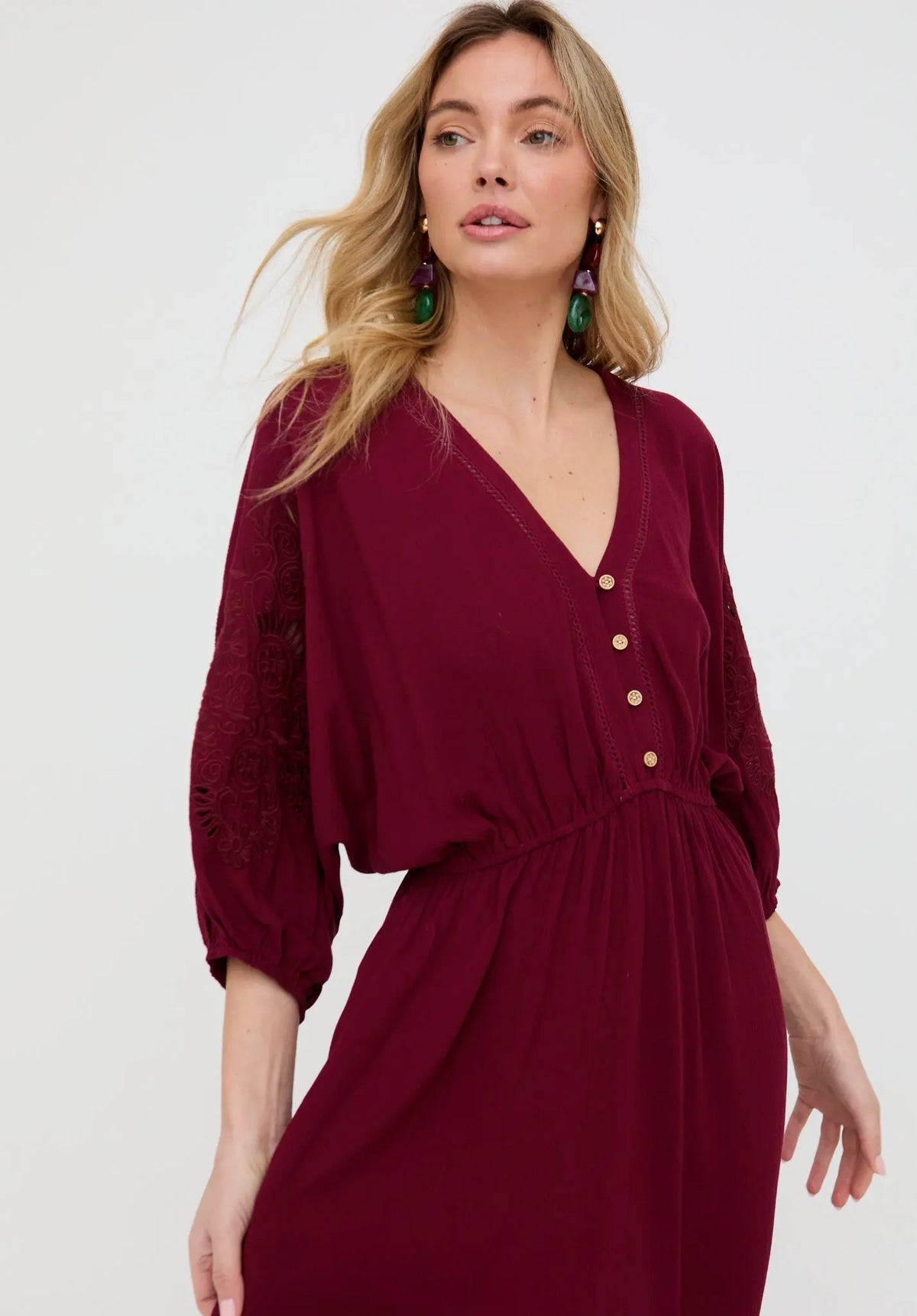 Somerton Kaftan Style Embroidered Maxi Dress In Burgundy Raffya