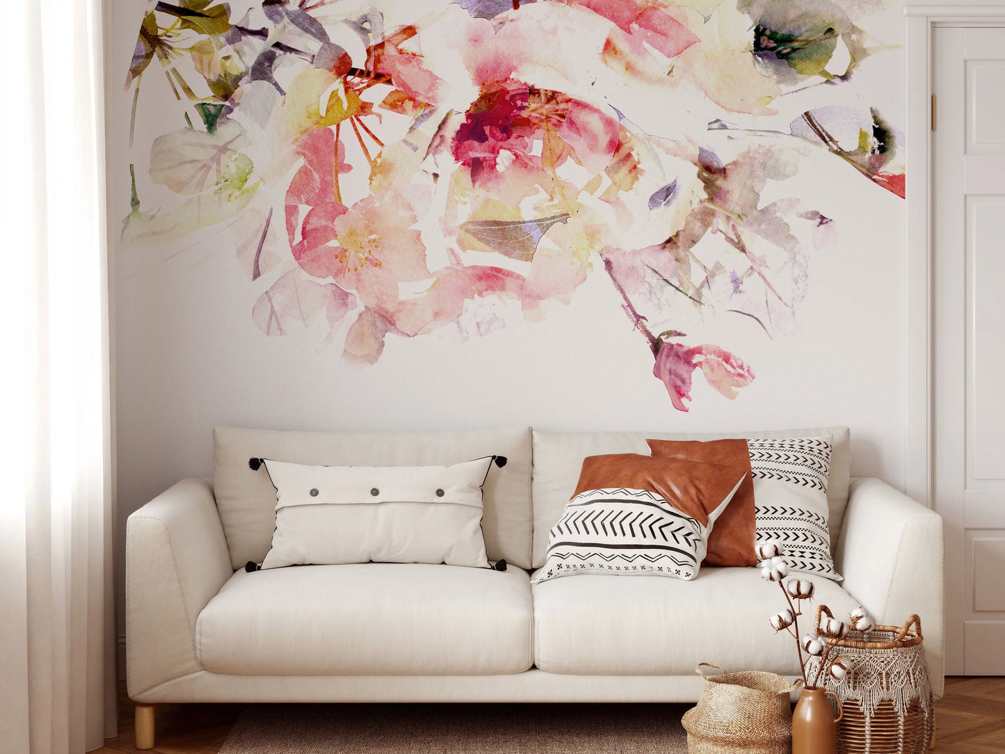 Spring Floral Removable Wallpaper | Watercolor Wall Mural | Peel and Stick Material | Flowers Art Print | Romantic Bedroom Decoration | Pink ClickWalls