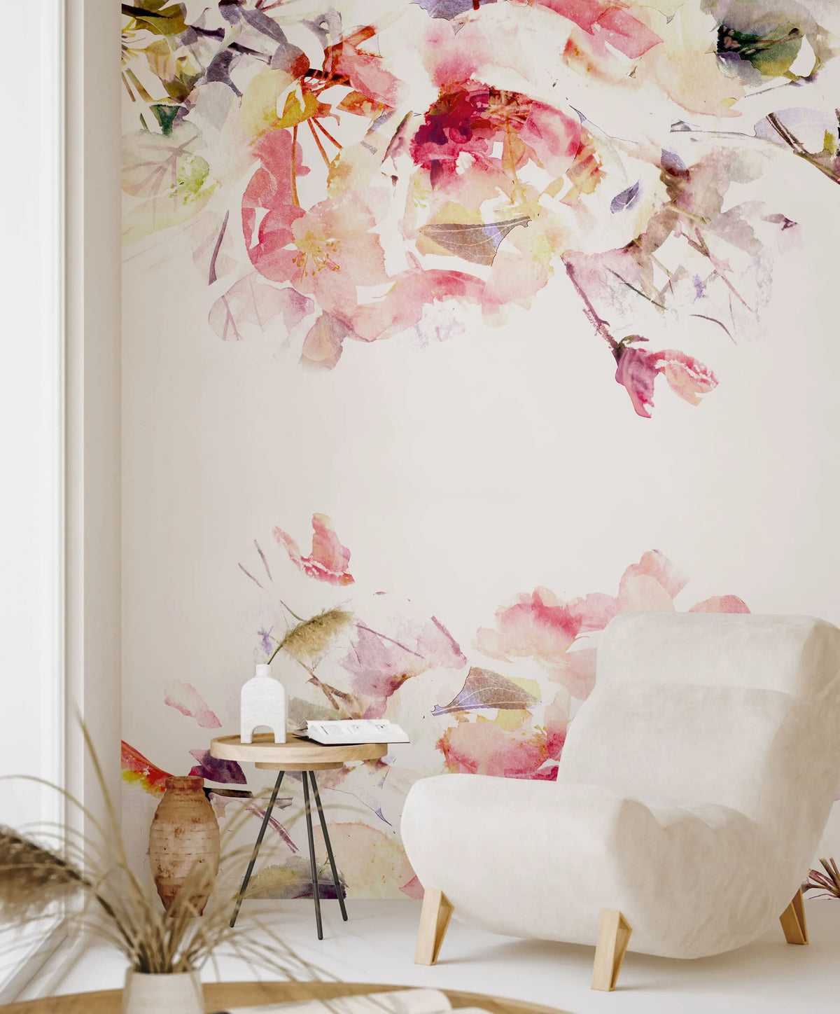 Spring Floral Removable Wallpaper | Watercolor Wall Mural | Peel and Stick Material | Flowers Art Print | Romantic Bedroom Decoration | Pink ClickWalls
