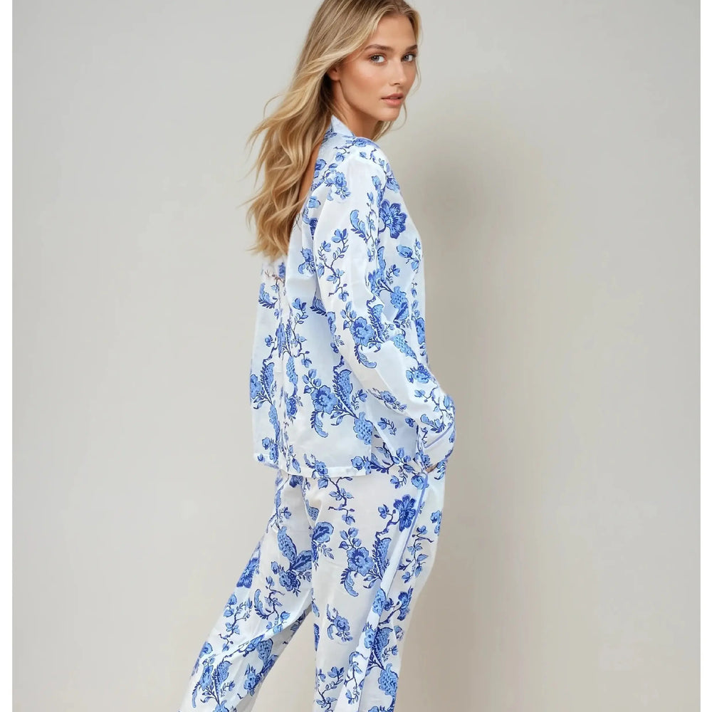 St. Ignacio Long Sleeve Pyjama Set — Organic Cotton, White/Blue Print AMOKA DALO