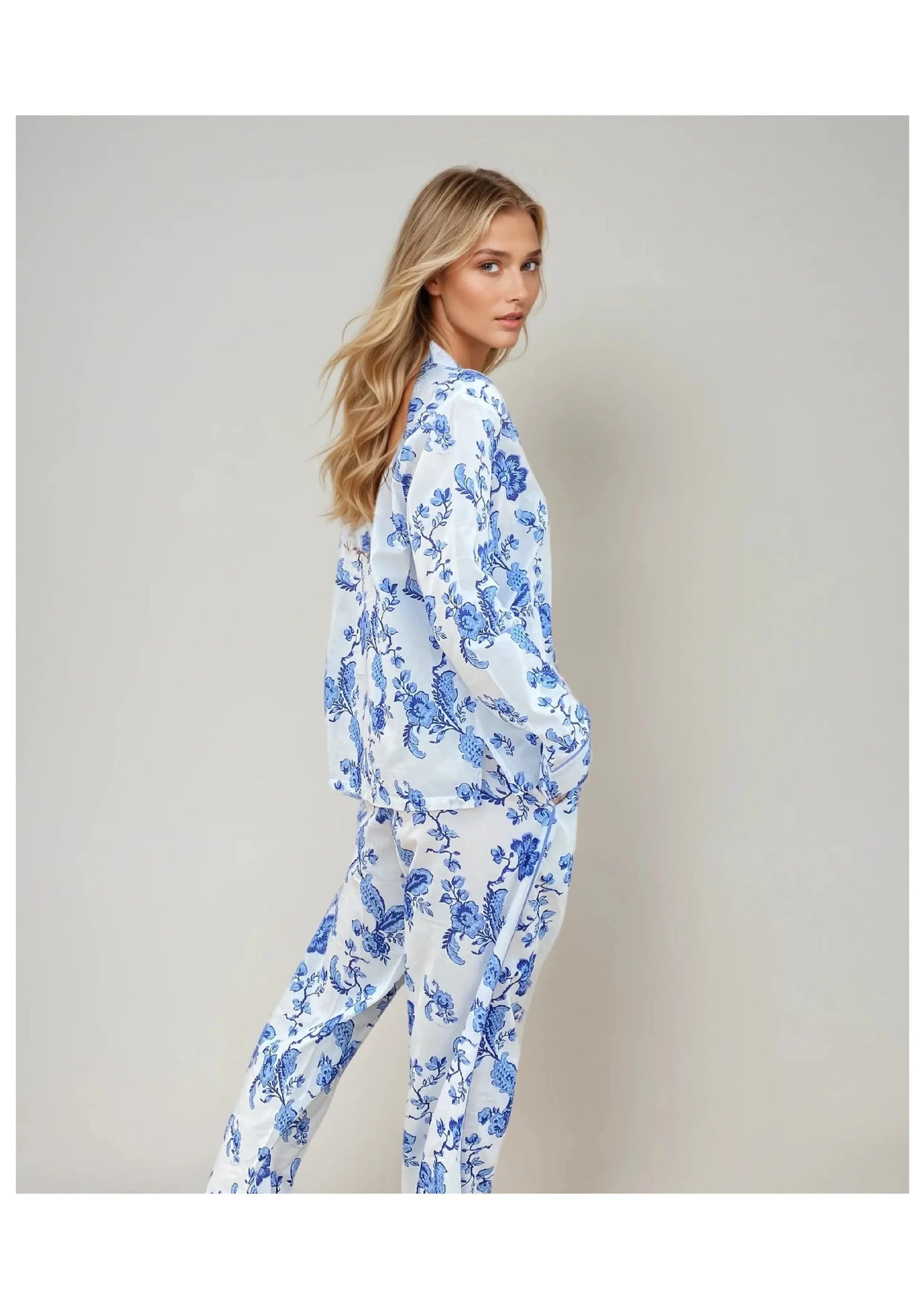 St. Ignacio Long Sleeve Pyjama Set — Organic Cotton, White/Blue Print AMOKA DALO